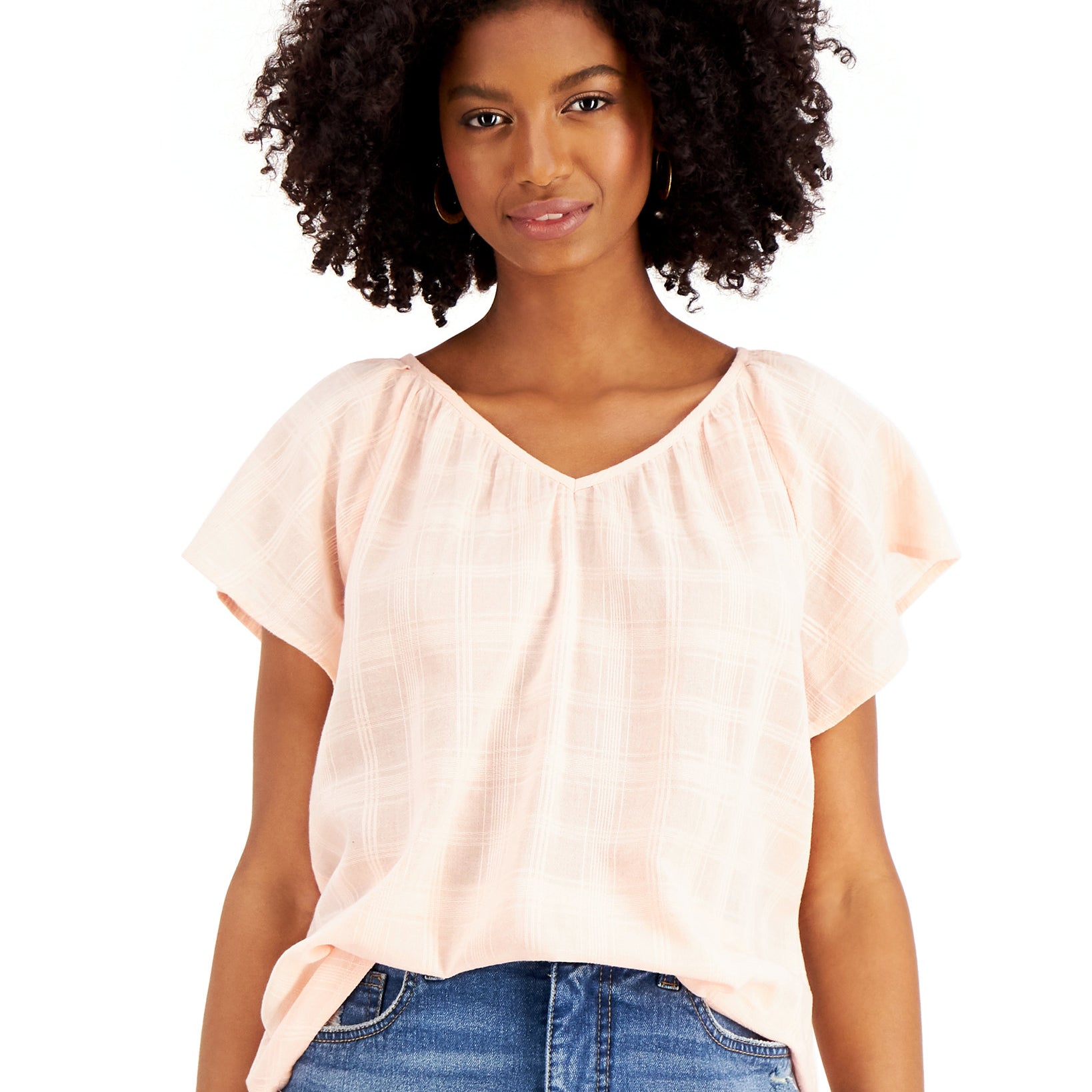 Style & Co Women Solid Flutter Sleeve V Neck Top
