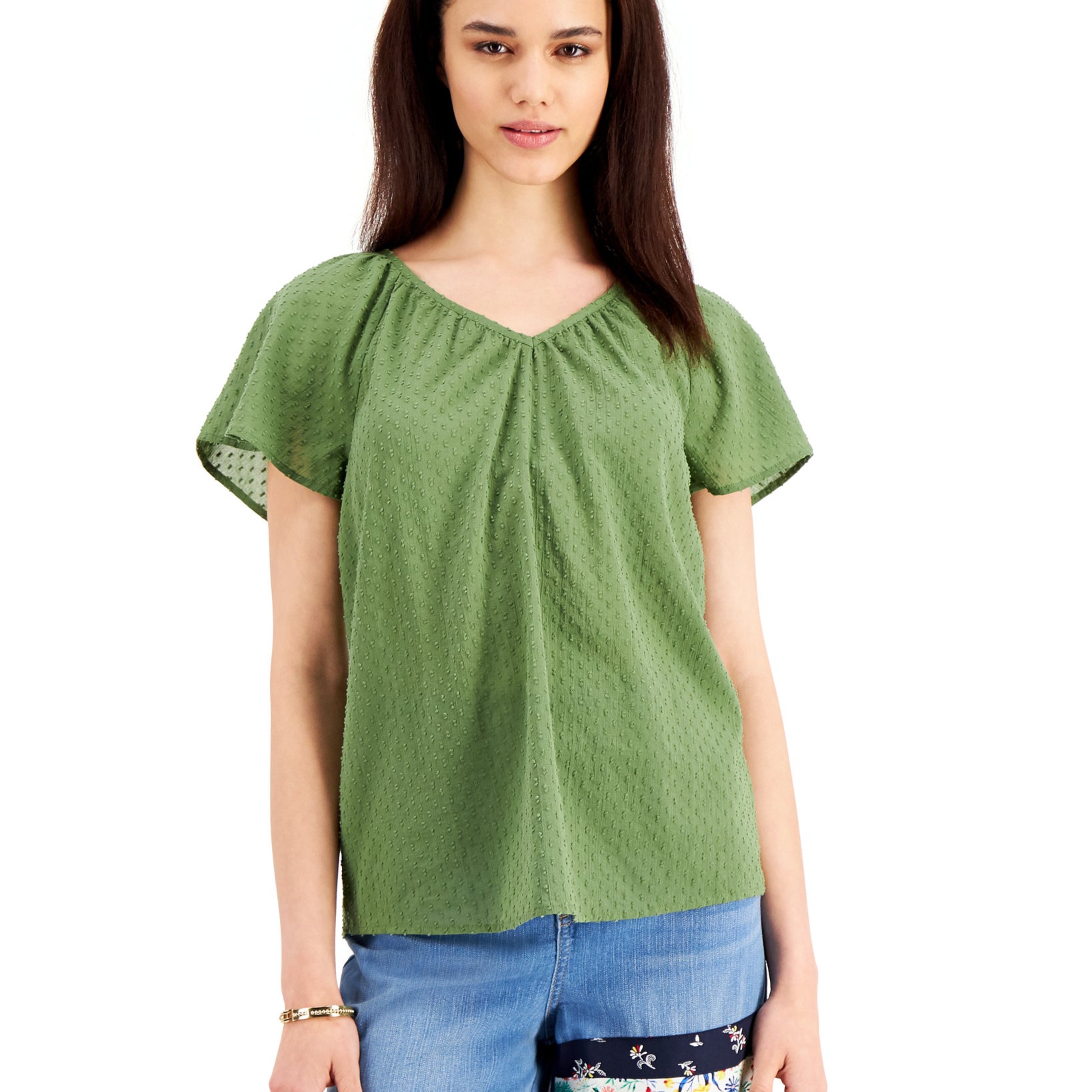 Style & Co Women Cotton Textured Flutter Sleeve Top Vine Green