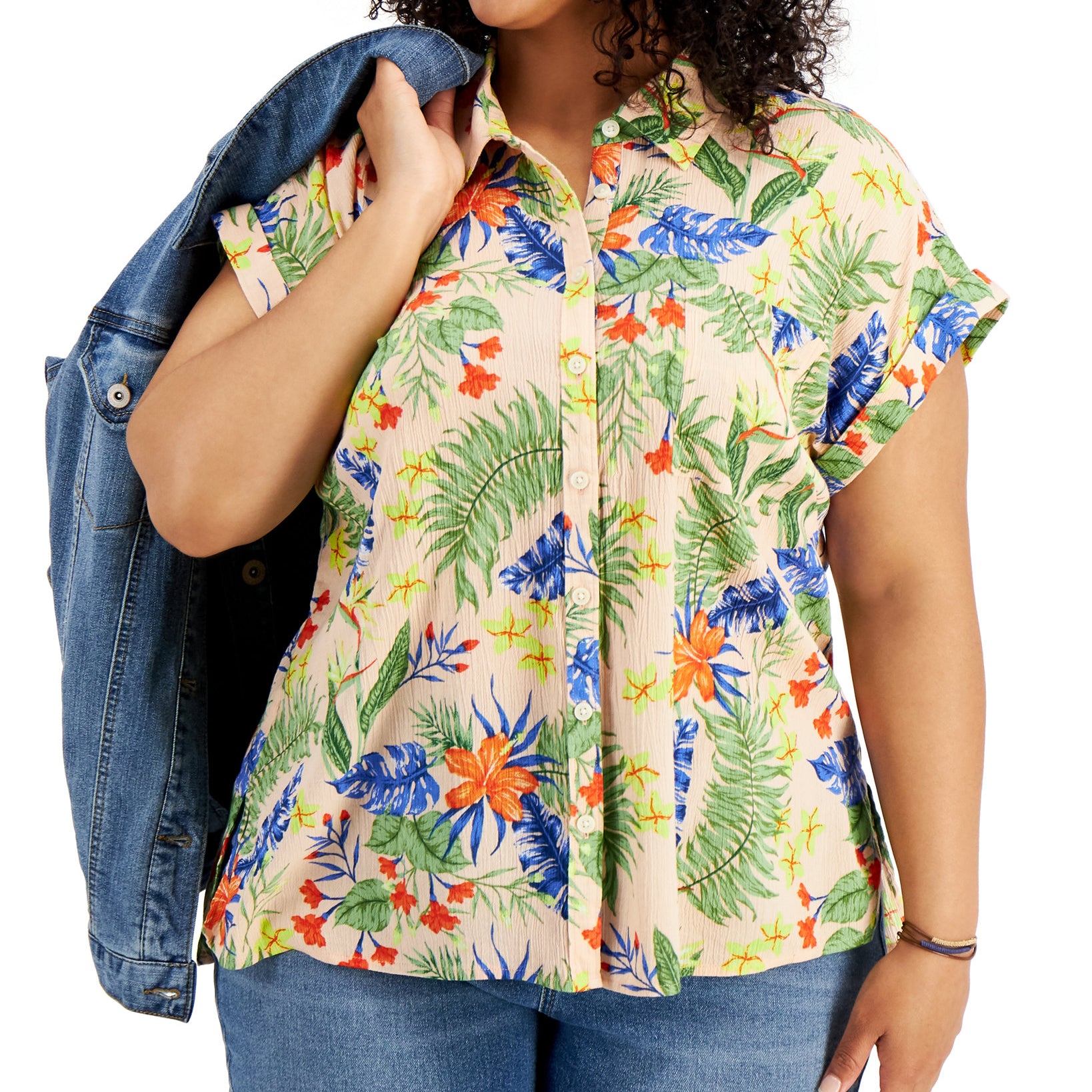 Style & Co Women Cotton Printed Camp Shirt Peach Sherbet