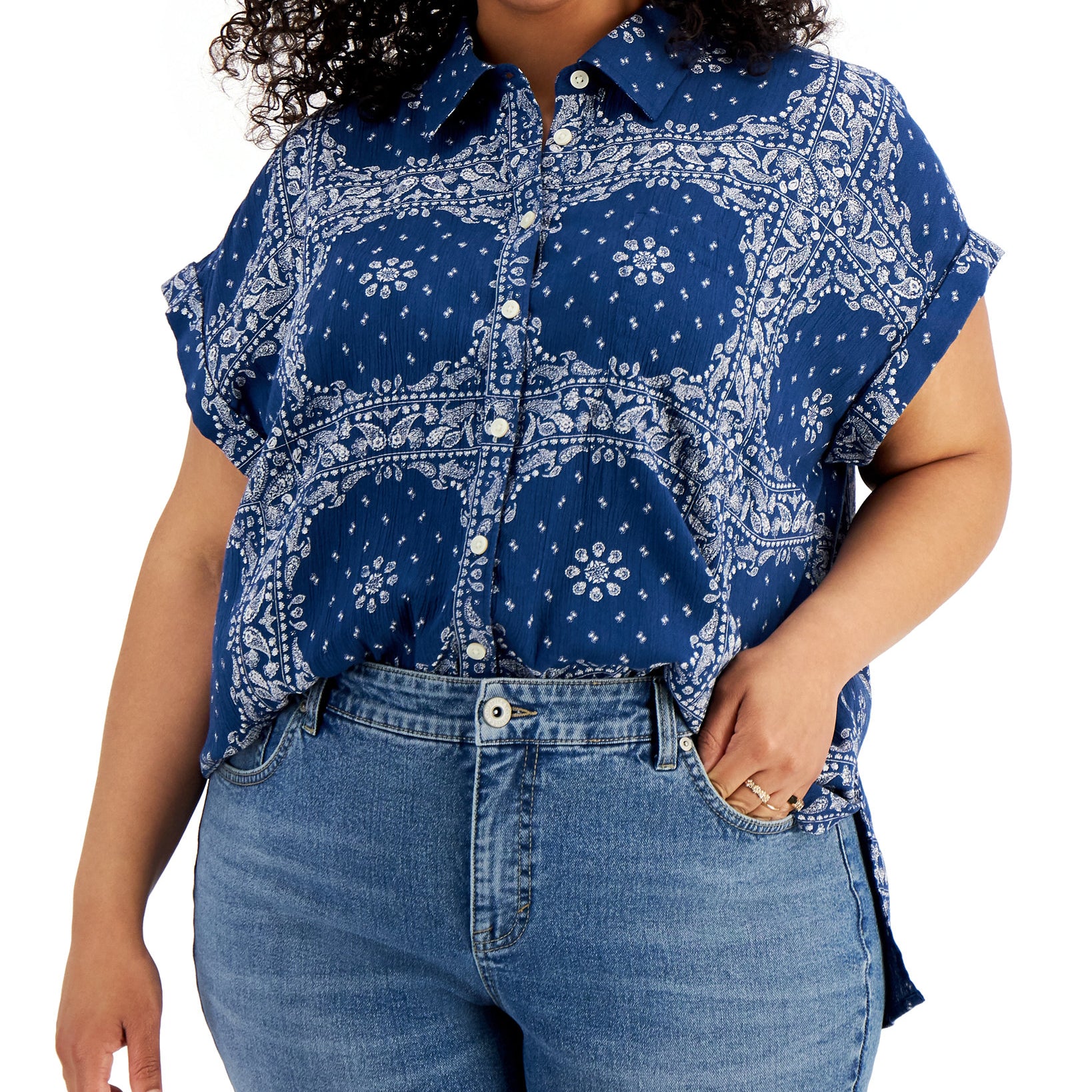Style & Co Women Plus Cotton Printed Camp Shirt, Created for Macys