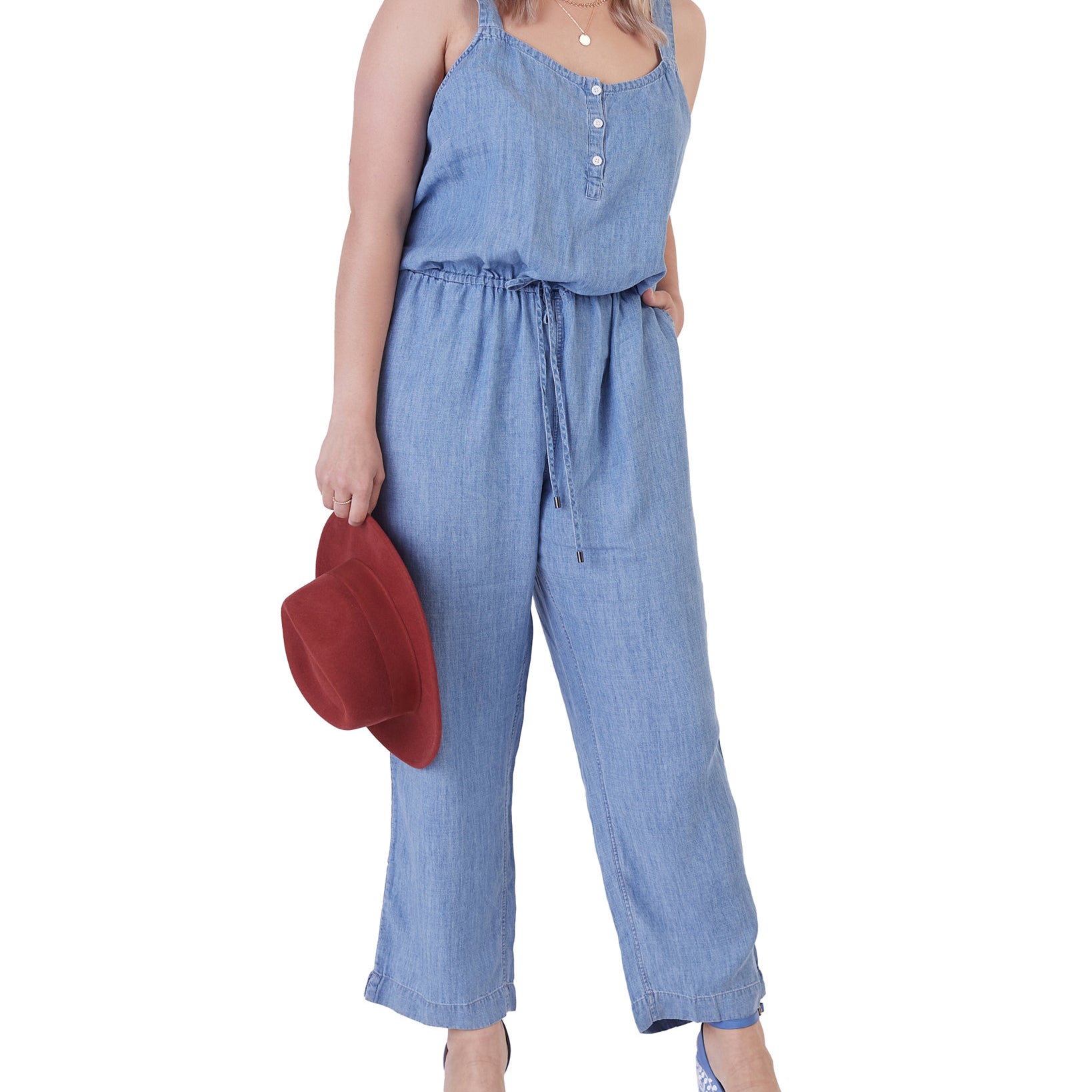 Black Tape Women Plus Button Front Drawstring Jumpsuit Medium Blue Wash