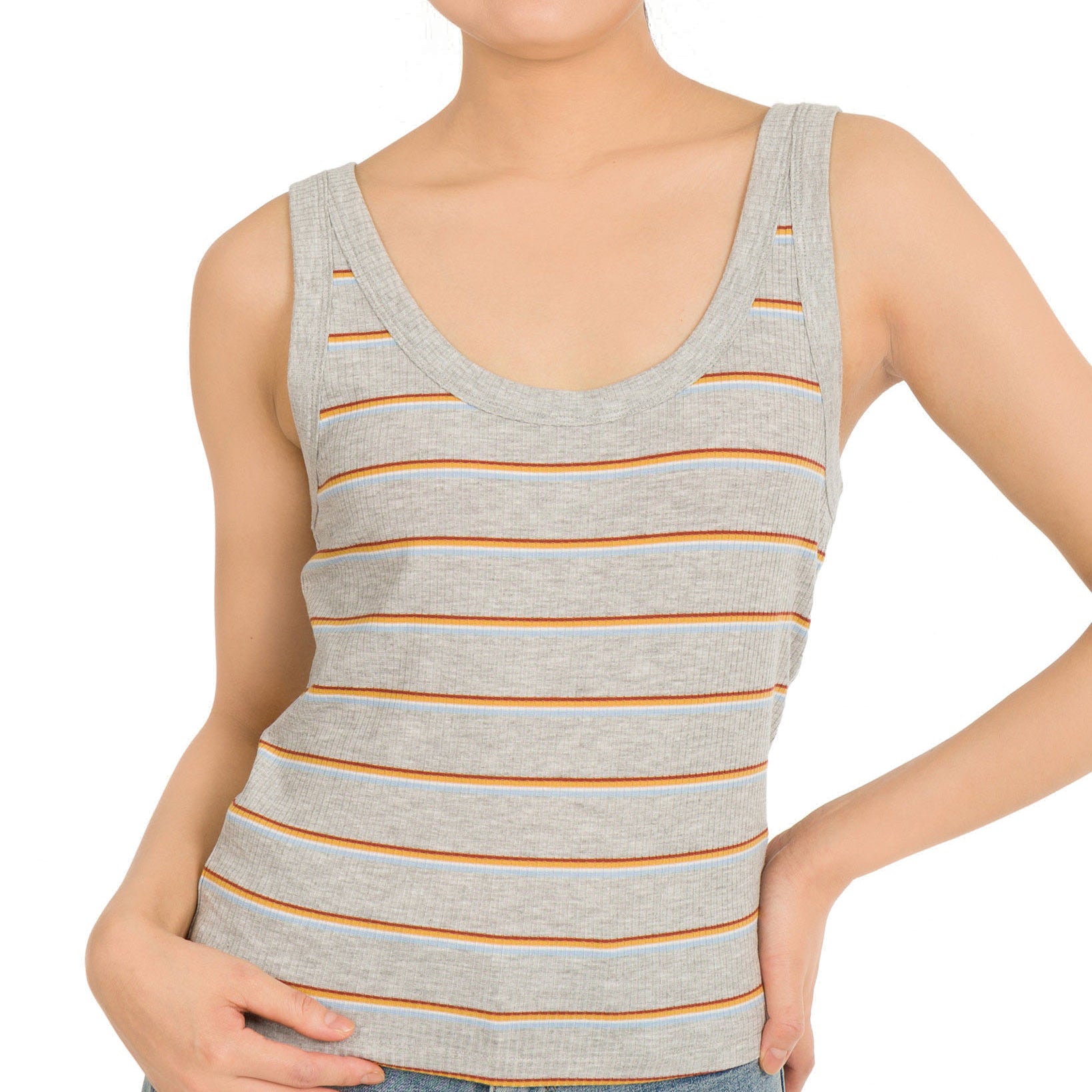 Hippie Rose Women Striped Rib Knit Tank Top Light Grey Stripe