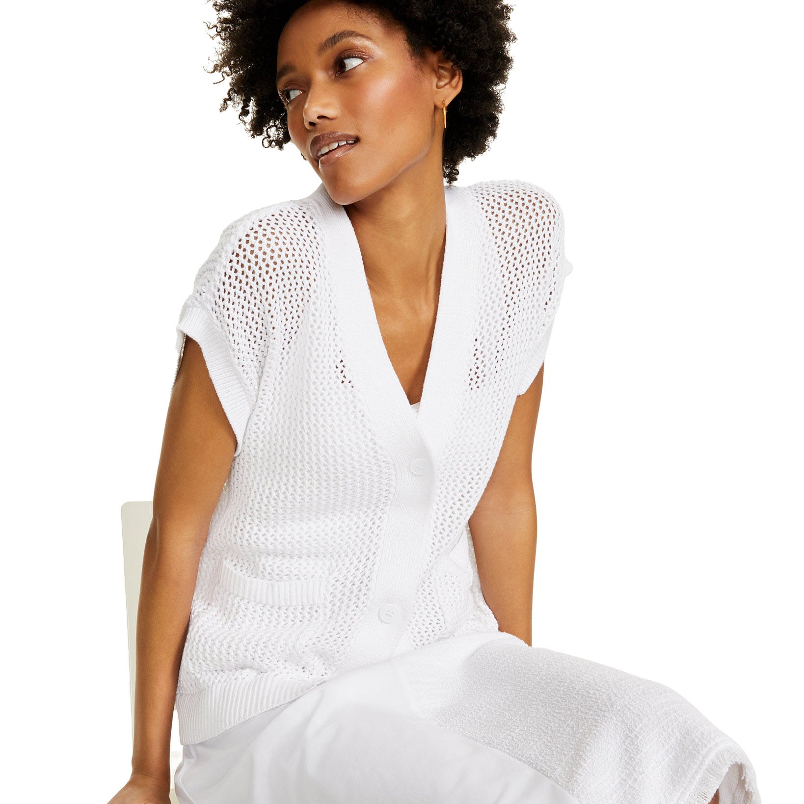 Alfani Women Petite Cotton Short Sleeve Cardigan Bright White