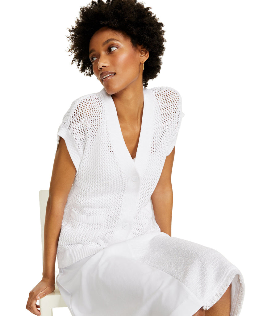 Alfani Women Petite Cotton Short Sleeve Cardigan Bright White