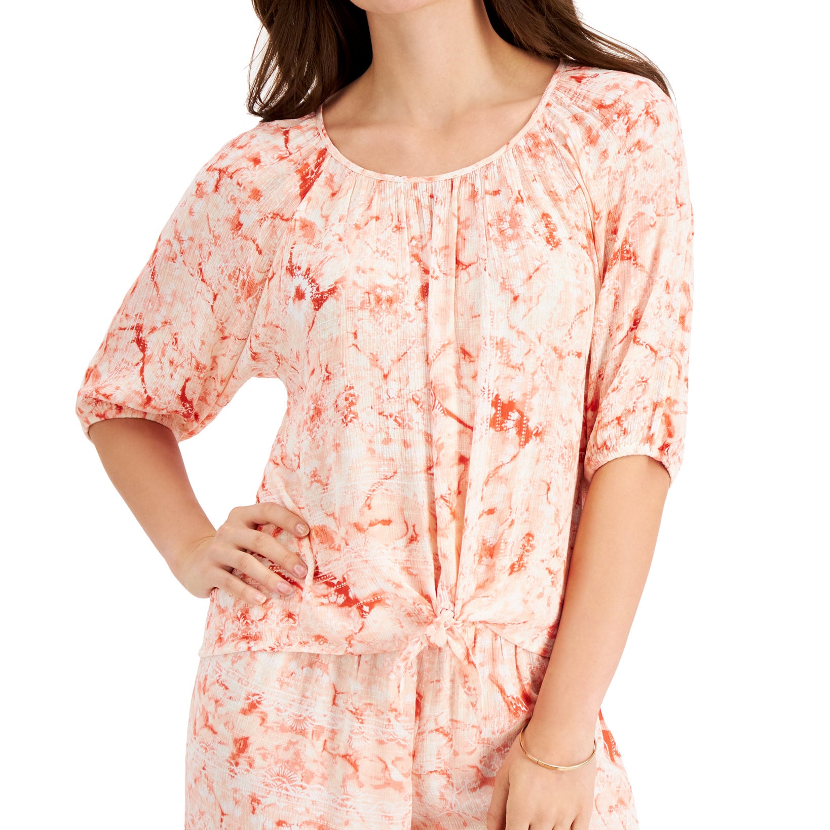 JM Collection Women Petite Printed Tie Front Top