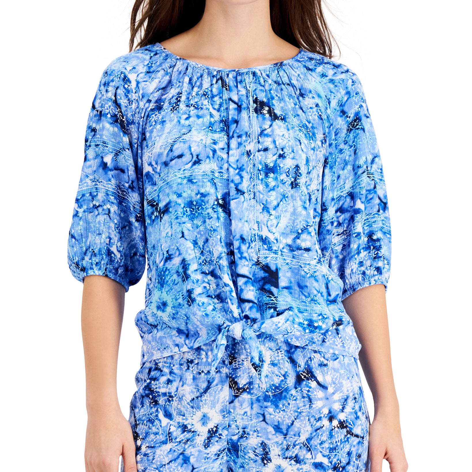 JM Collection Women Ariana Printed Gauze Tie Front Top Deep Cobalt Combo