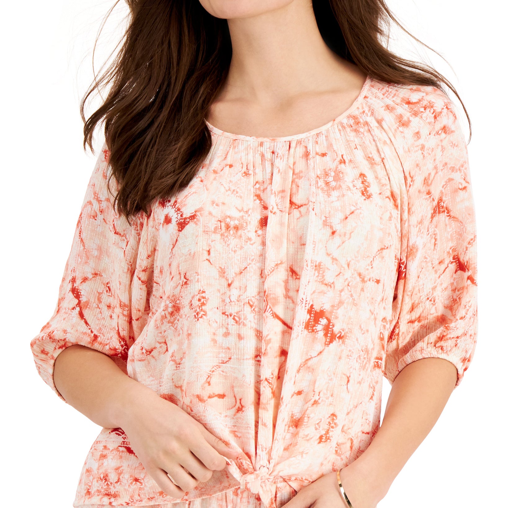JM Collection Women Petite Printed Tie Front Top Coral Banks