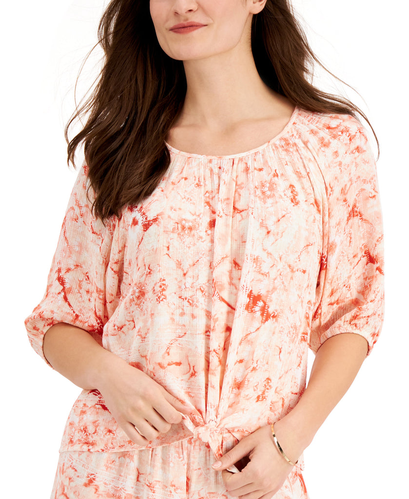 JM Collection Women Petite Printed Tie Front Top Coral Banks