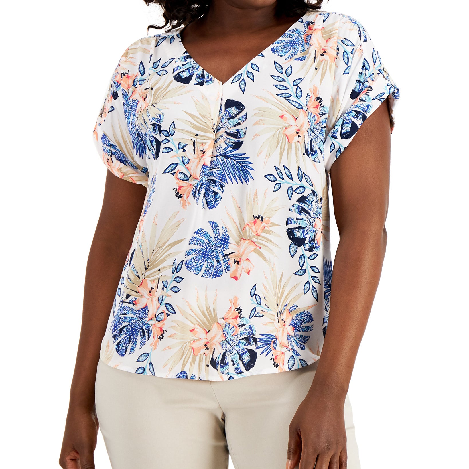 JM Collection Women Mykonos Palm Print Top Bright White Combo