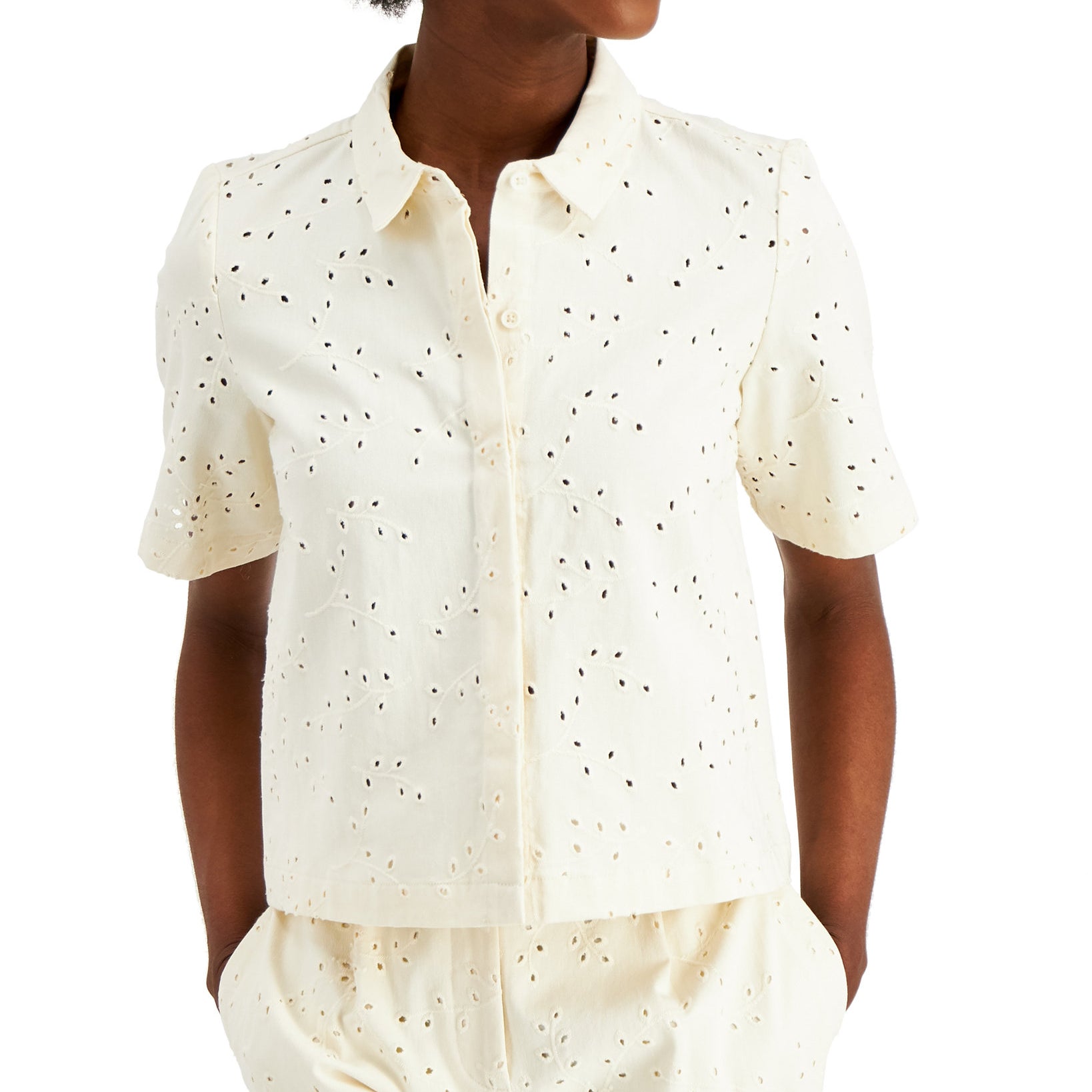 Alfani Women Petite Cotton Eyelet Top Antique White