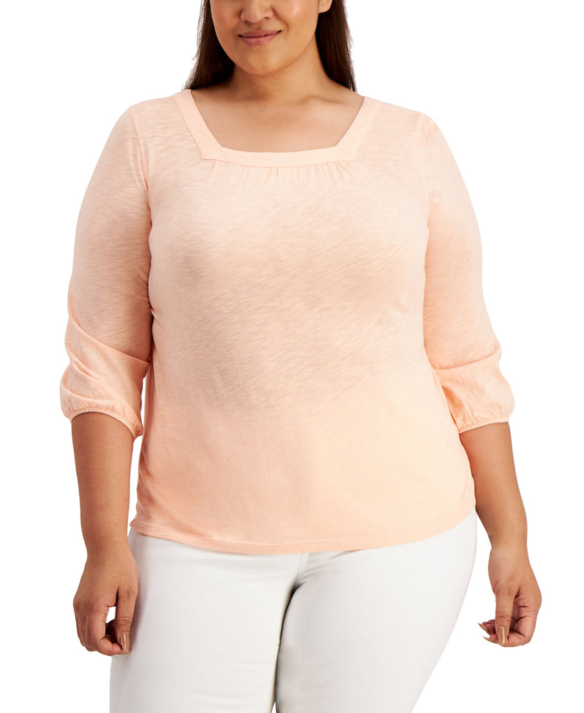 Style & Co Women Plus 3 4 Sleeve Square Neck Top Peach Sherbet