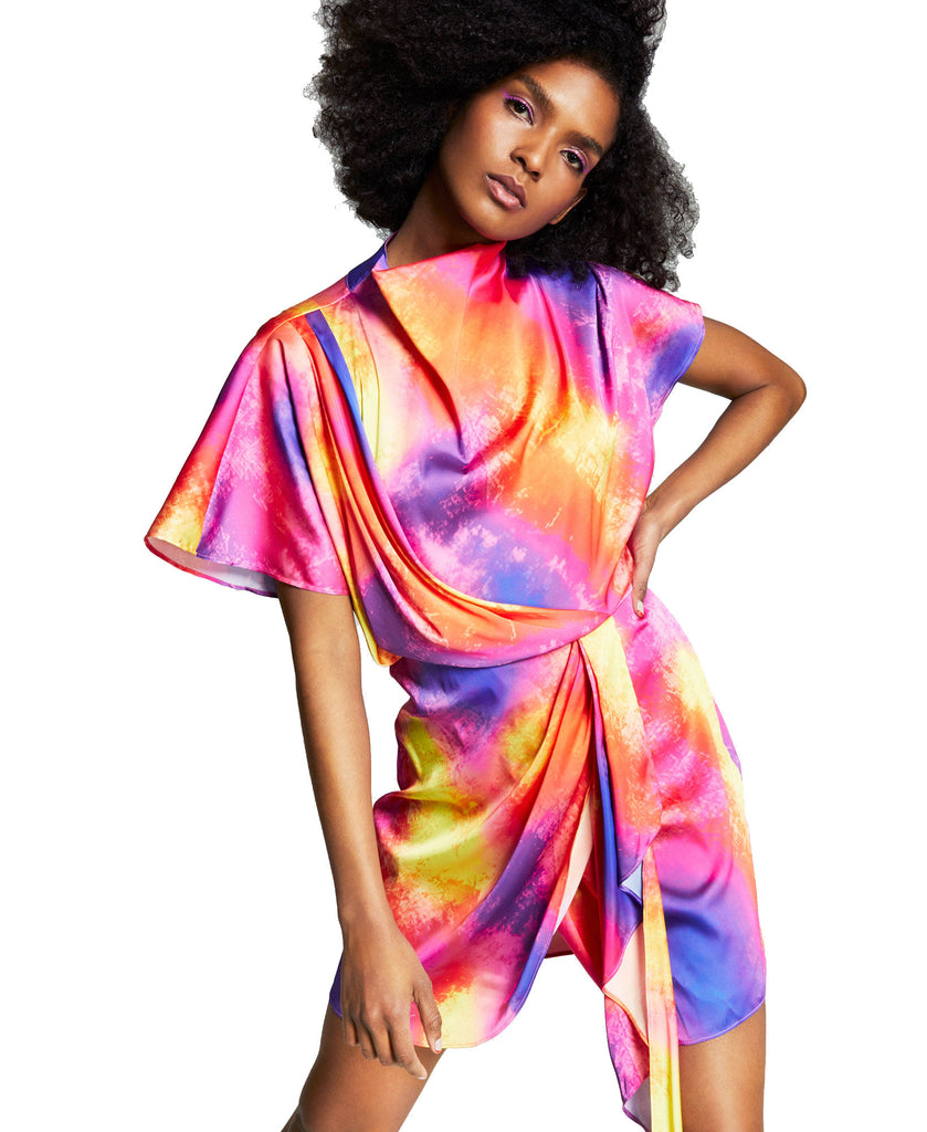 Bar III Women Zerina Akers Tie Dye Satin Wrap Dress Solar Dye