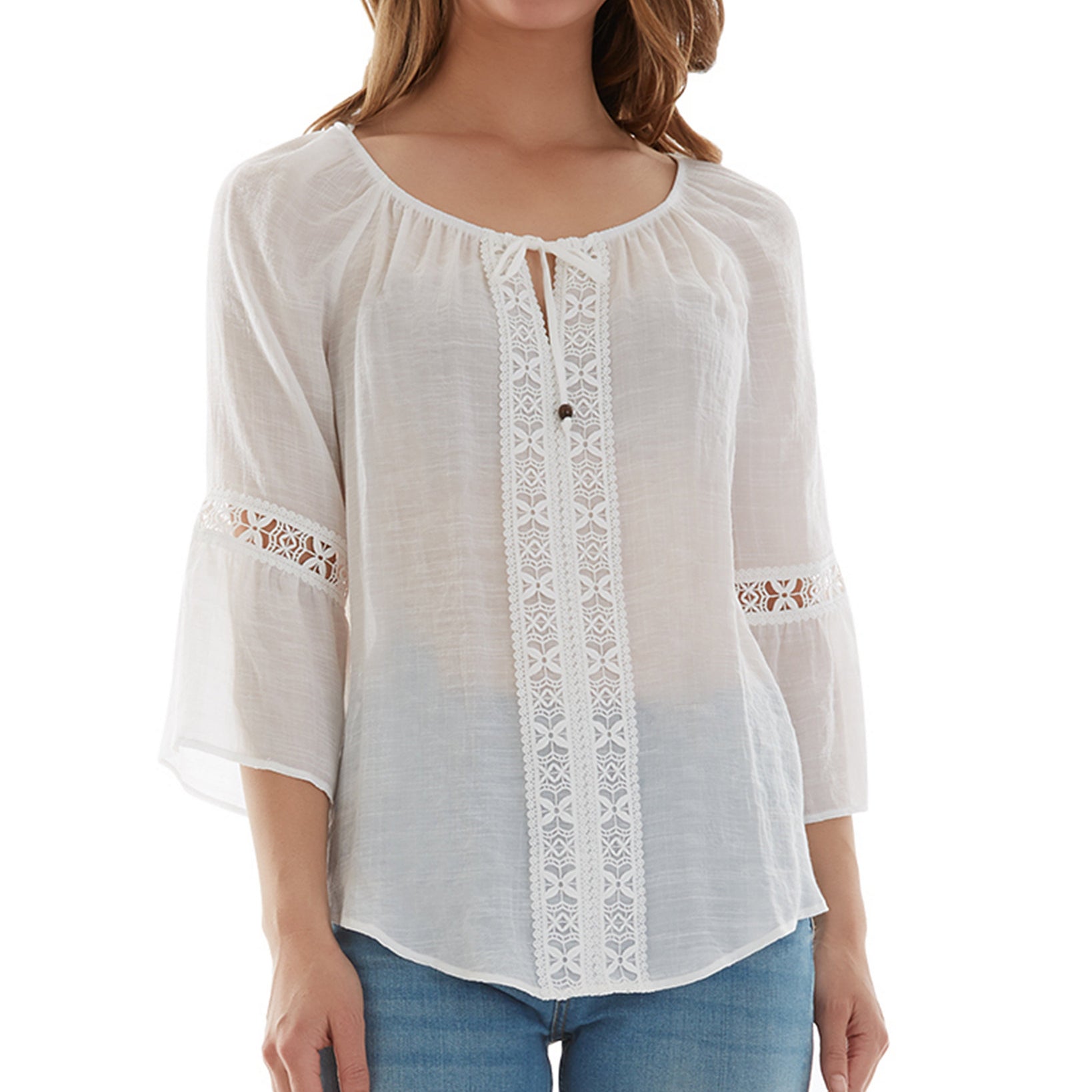 BCX Women Crochet Trim Bell Sleeve Top Off white