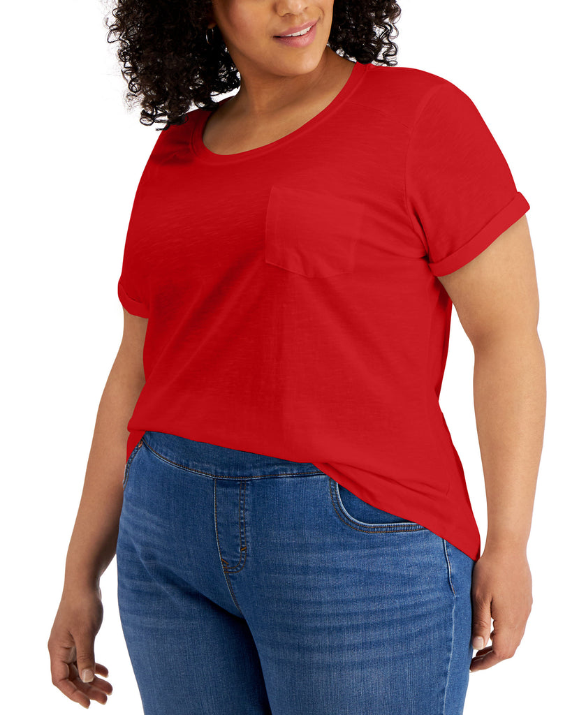 Style & Co Women Plus Cotton Cuffed Sleeve T Shirt Loving Red