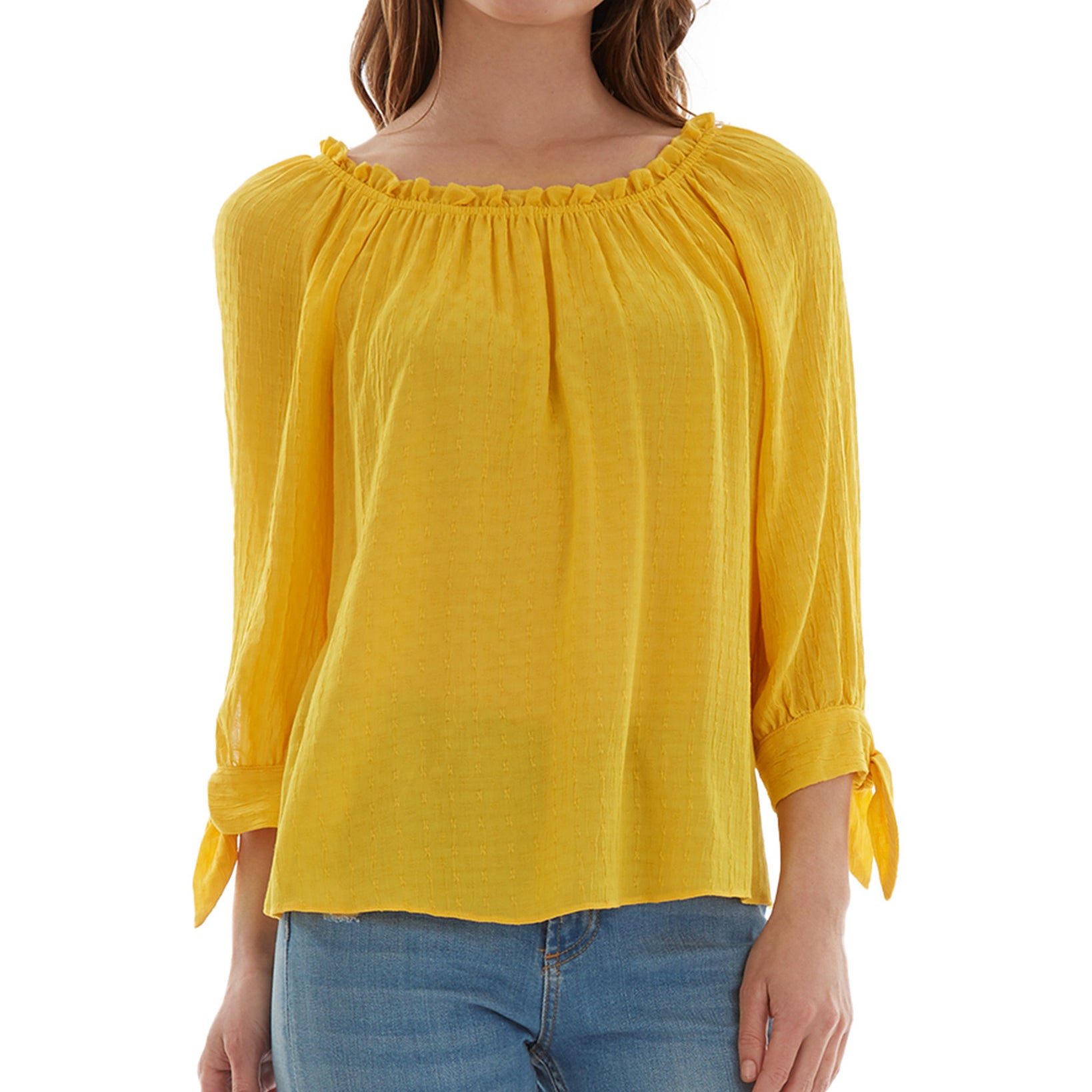 BCX Women Ruffled Neck Tie Cuff Textured Top Mango