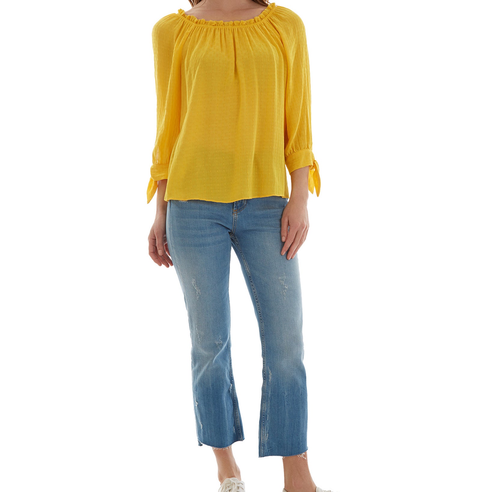 BCX Women Ruffled Neck Tie Cuff Textured Top