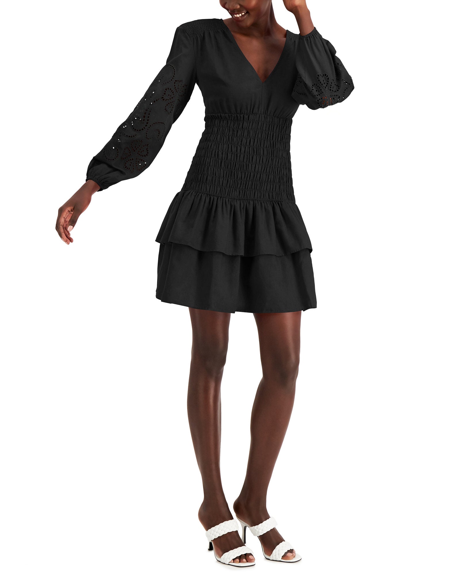 INC International Concepts Women V Neck Smocked Dress Deep Black