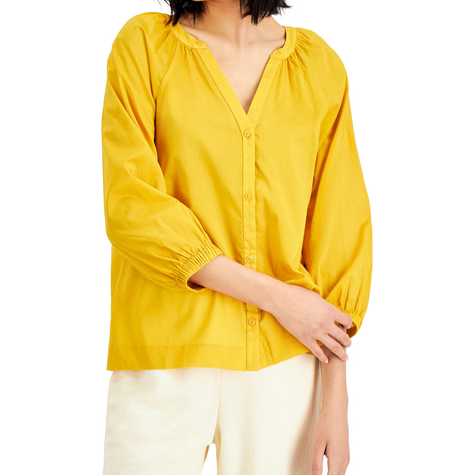 Alfani Women Petite Cotton Y Neck Top Marigold Petal