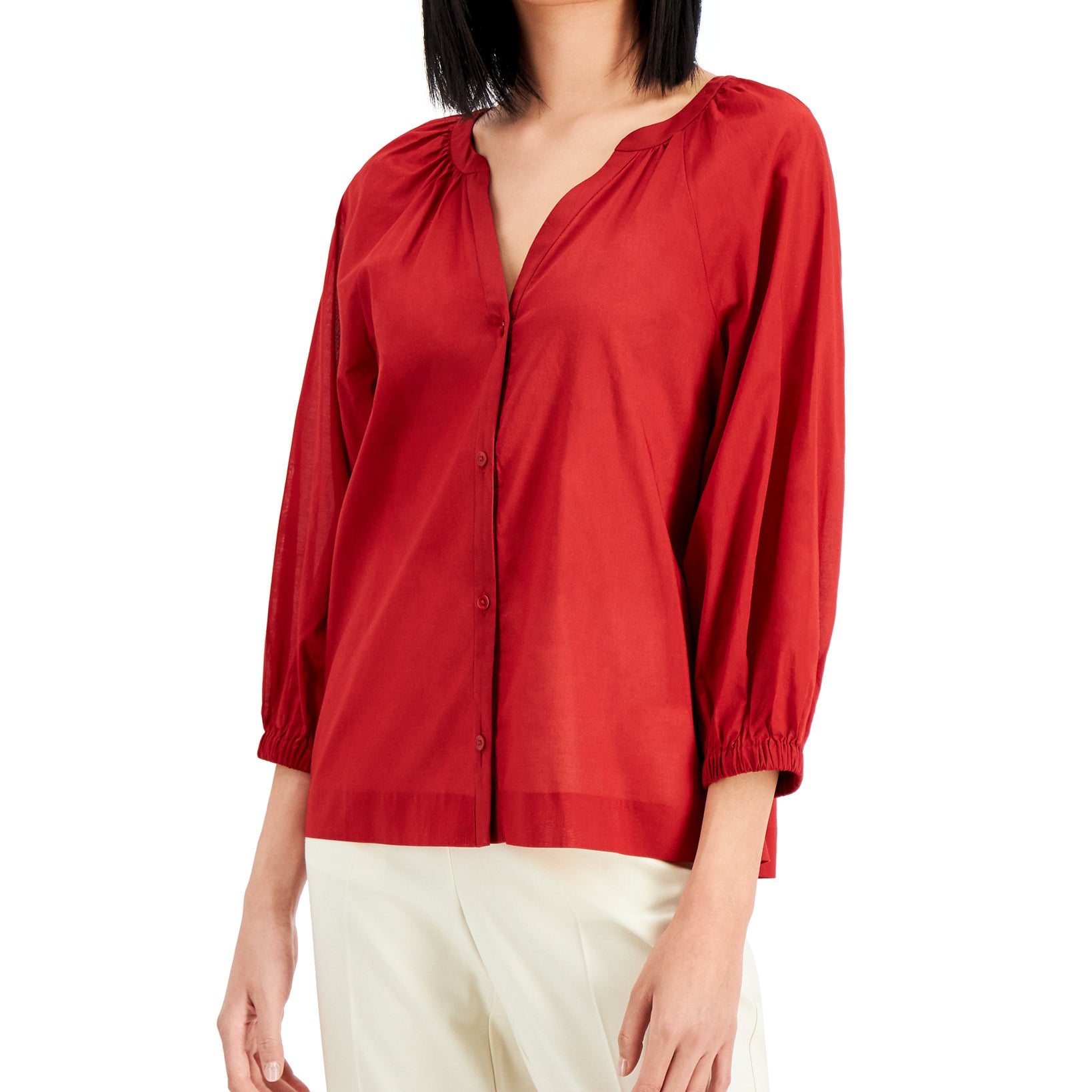 Alfani Women Petite Cotton Y Neck Top Rouge