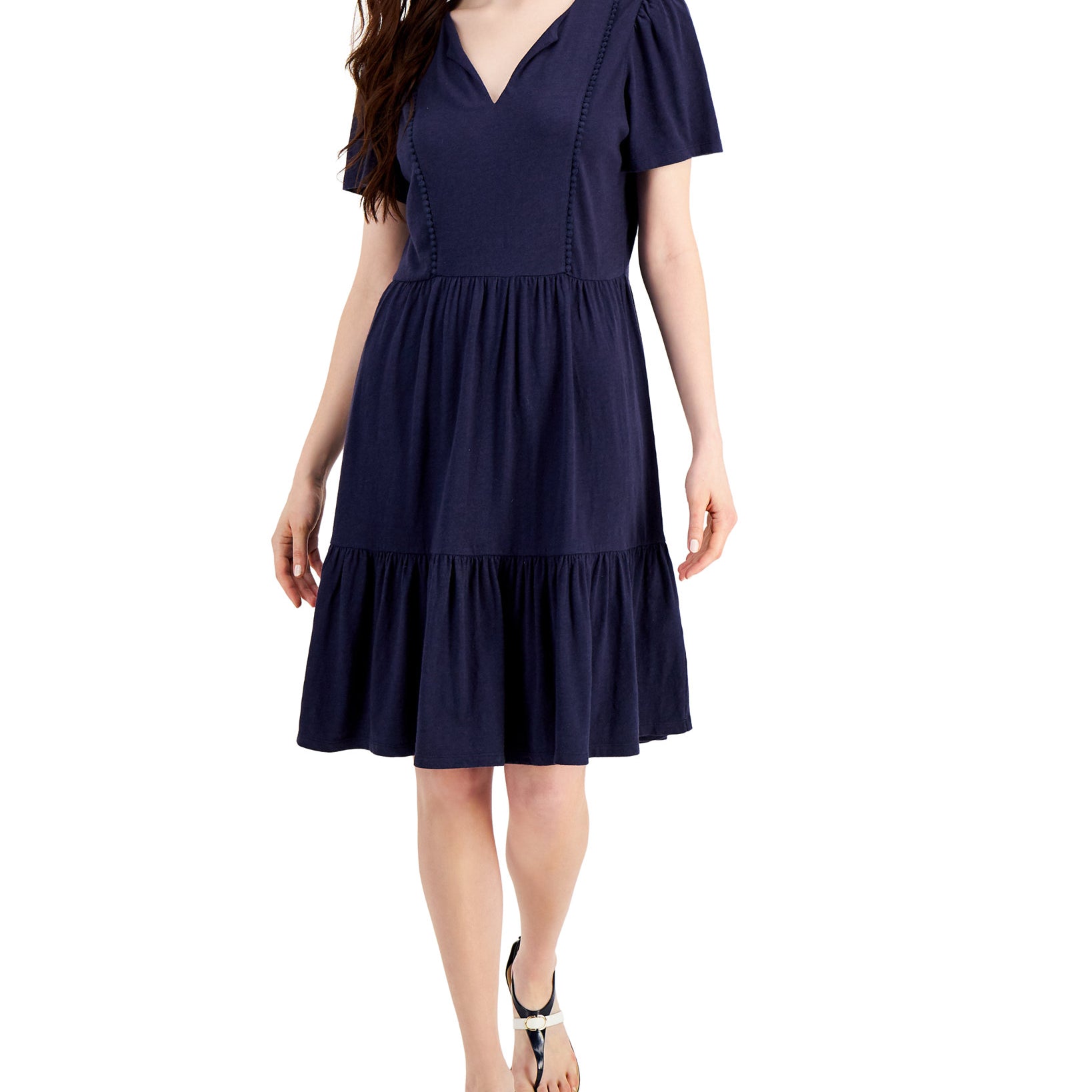 Charter Club Women Split Neck Pom Pom Trim Dress Intrepid Blue