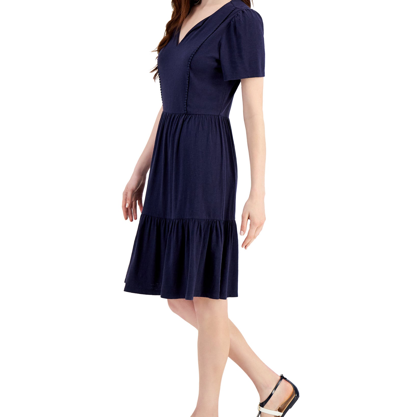 Charter Club Women Split Neck Pom Pom Trim Dress