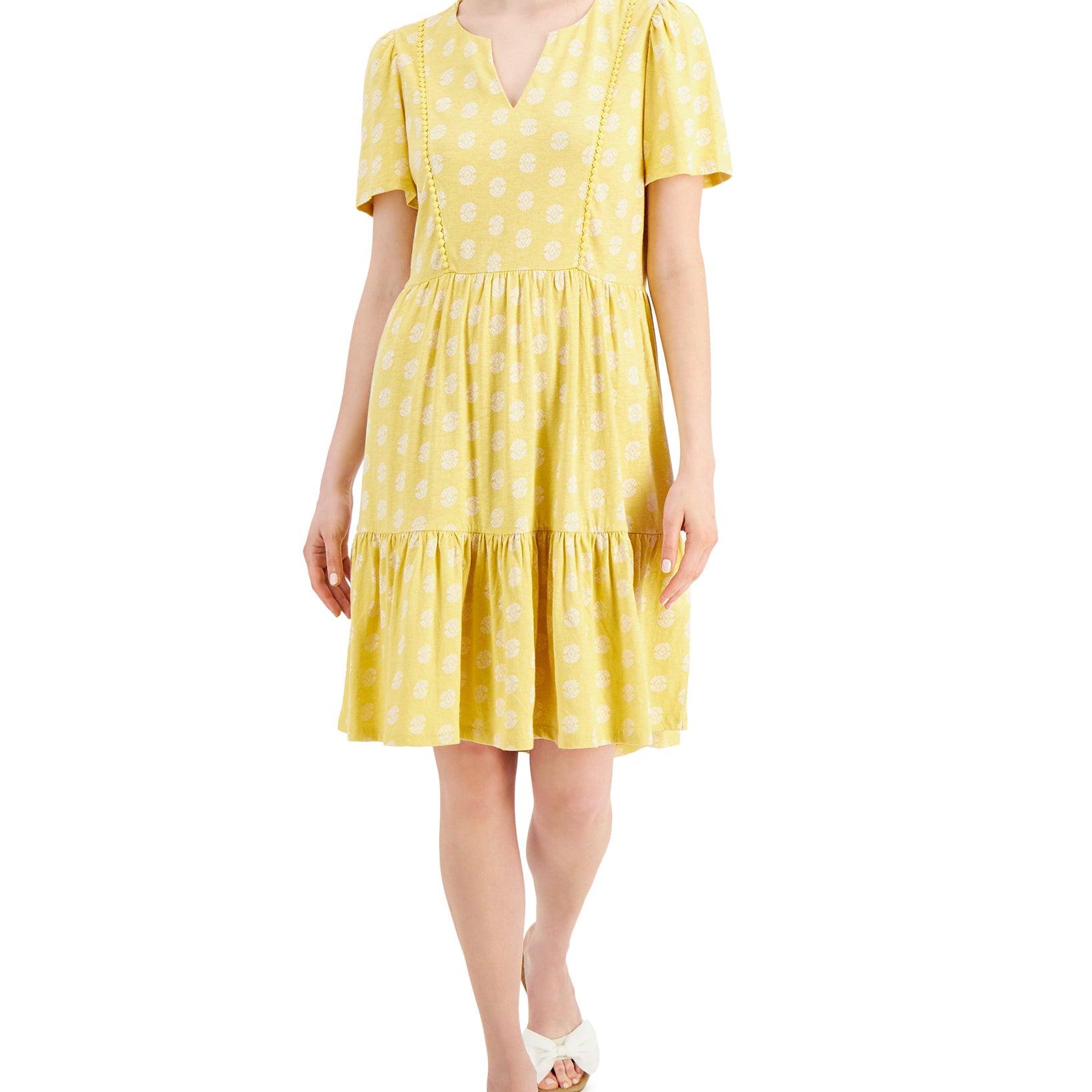 Charter Club Women Split Neck Printed Dress Mist Yellow Combo