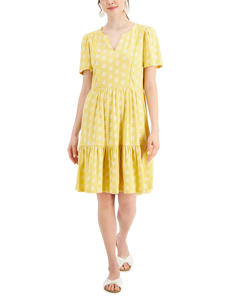 Charter Club Women Split Neck Printed Dress Mist Yellow Combo
