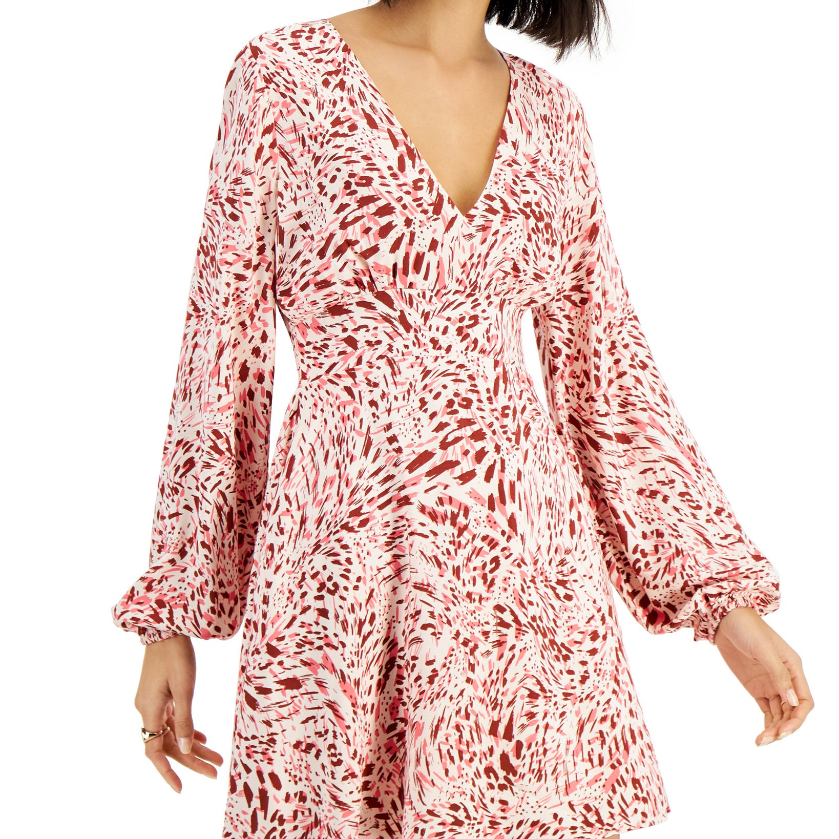Bar III Women Printed Balloon Sleeve V Neck Mini Dress