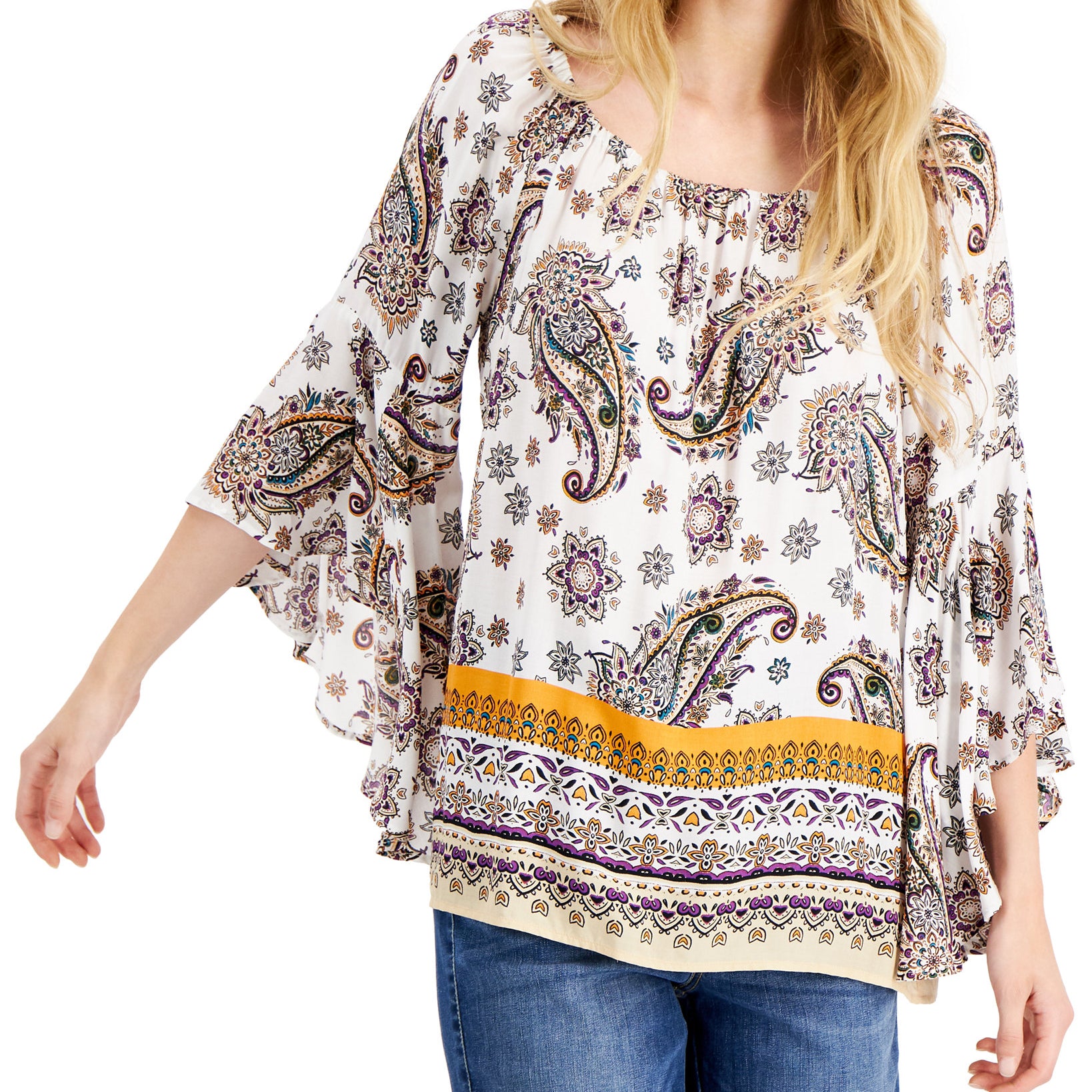 Fever Women Mixed Print Ruffled Sleeve Blouse White Casa