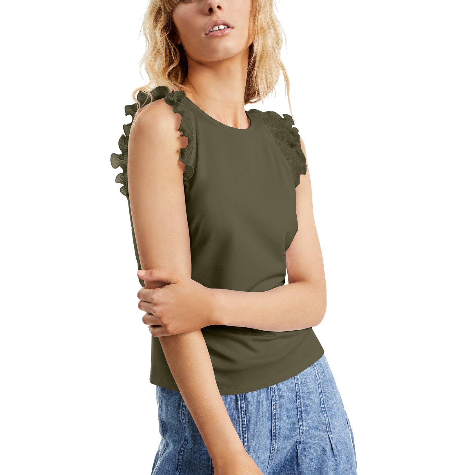 INC International Concepts Women Petite Ruffle Sleeve Tank Burnt Olive