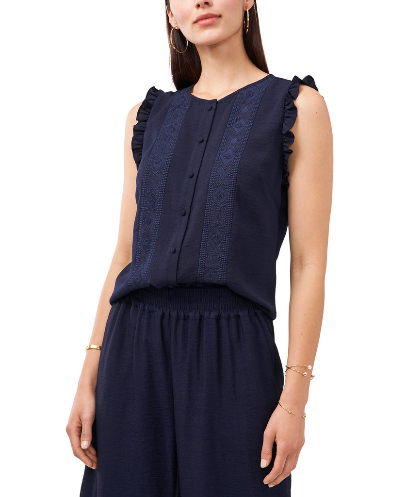 Vince Camuto Women Petite Embroidered Sleeveless Top Classic Navy