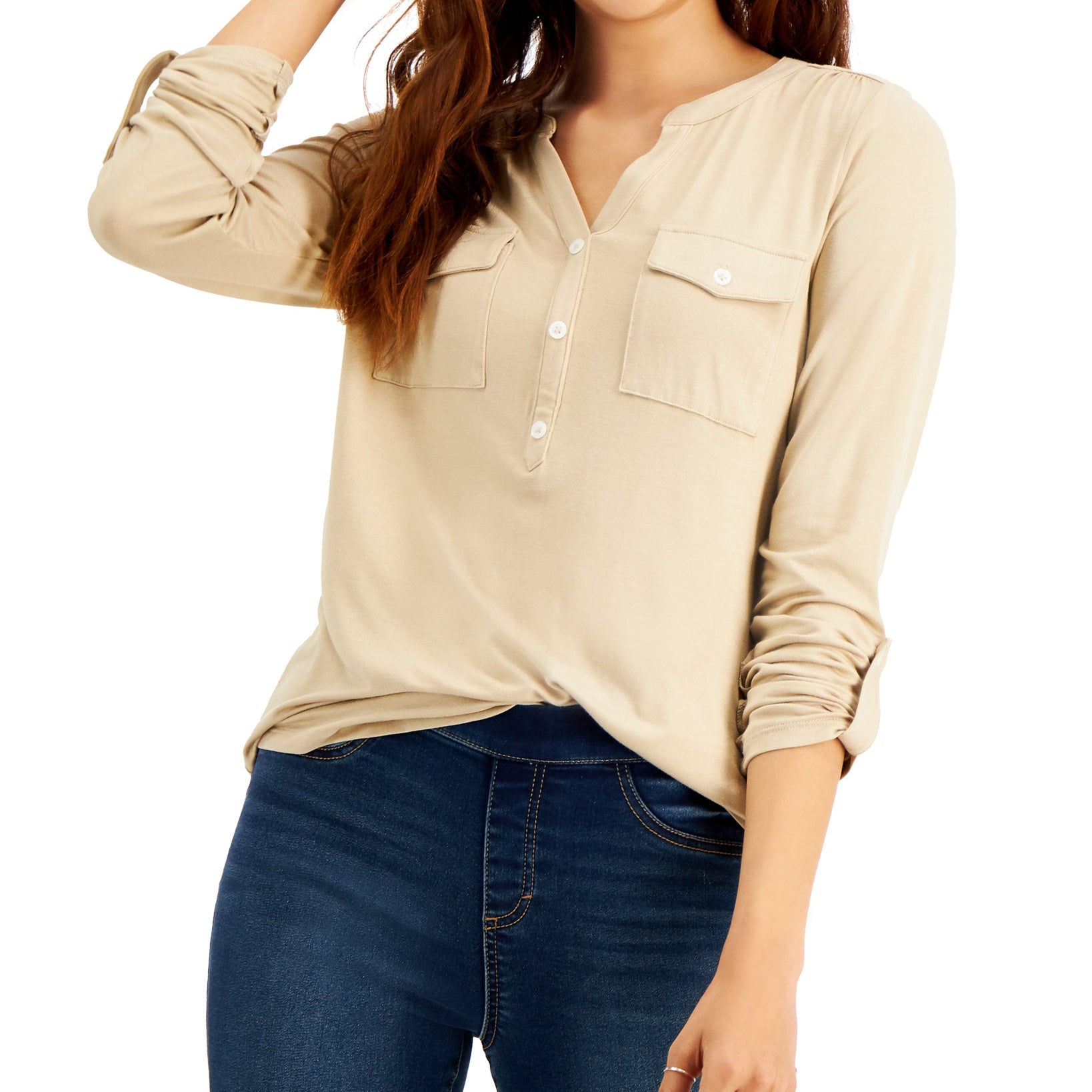 Style & Co Women Split Neck Roll Tab Sleeve Top Safari