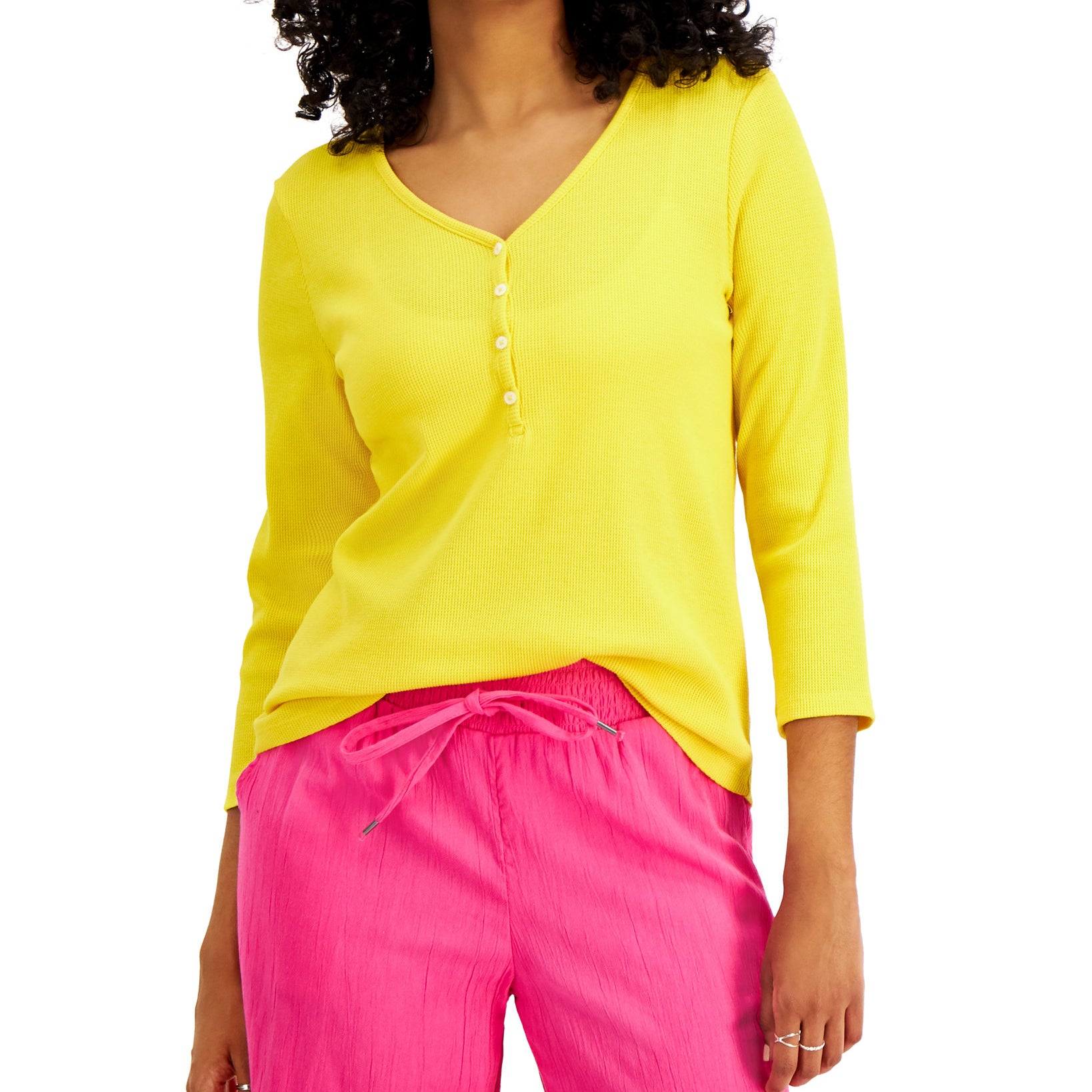 Style & Co Women Waffle Knit Henley T Shirt Daisy Daze