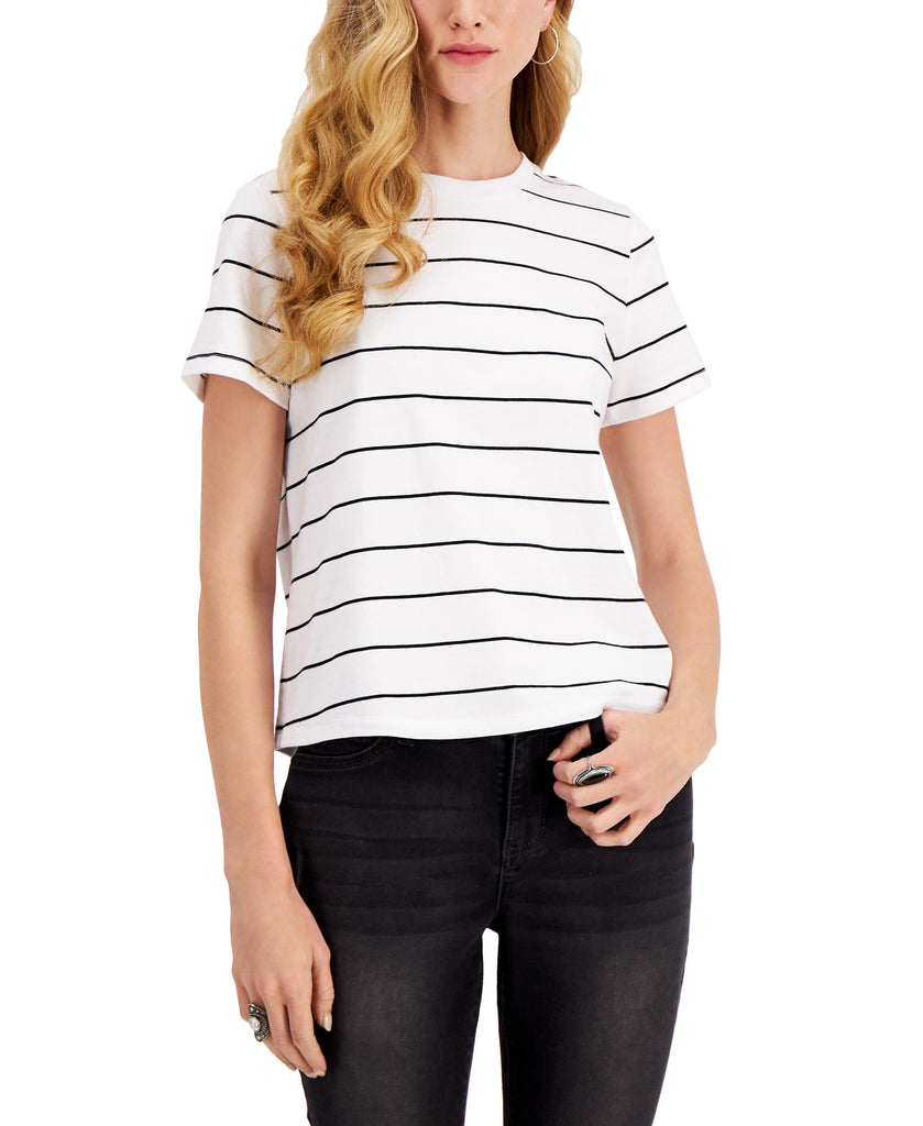 Style & Co Women Striped Cotton T Shirt Feeder White