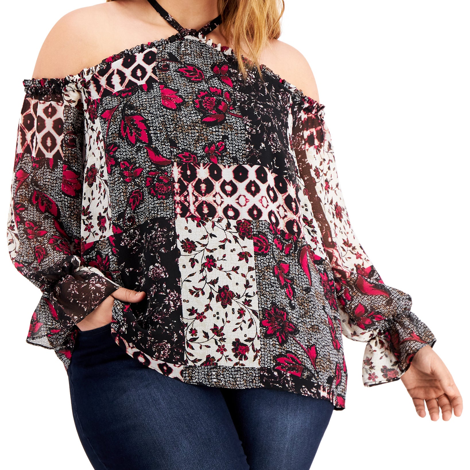 INC International Concepts Women Plus Patchwork Cold Shoulder Top Nomad Mix