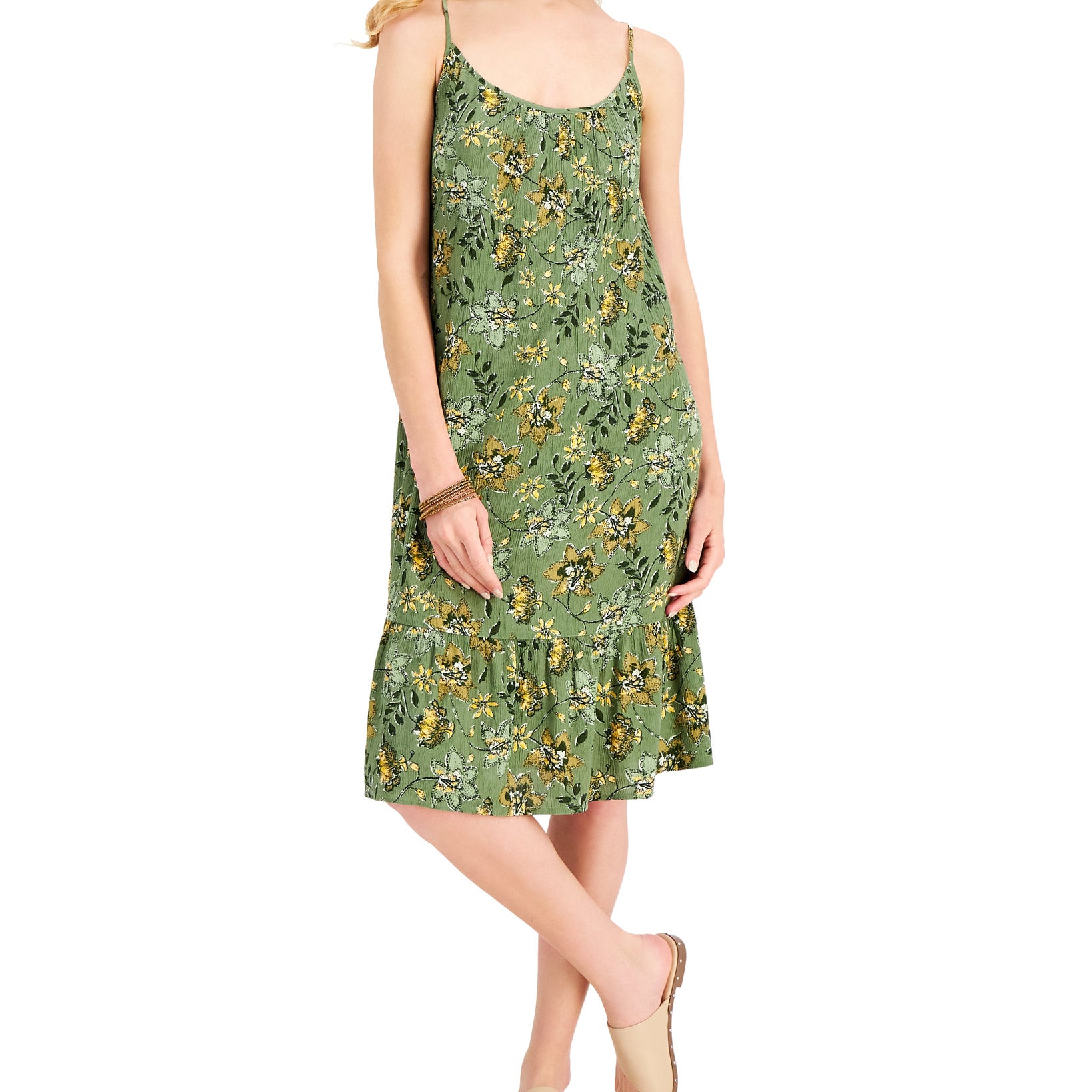 Style & Co Women Petite Floral Print Sleeveless Shift Dress Vine Green Combo