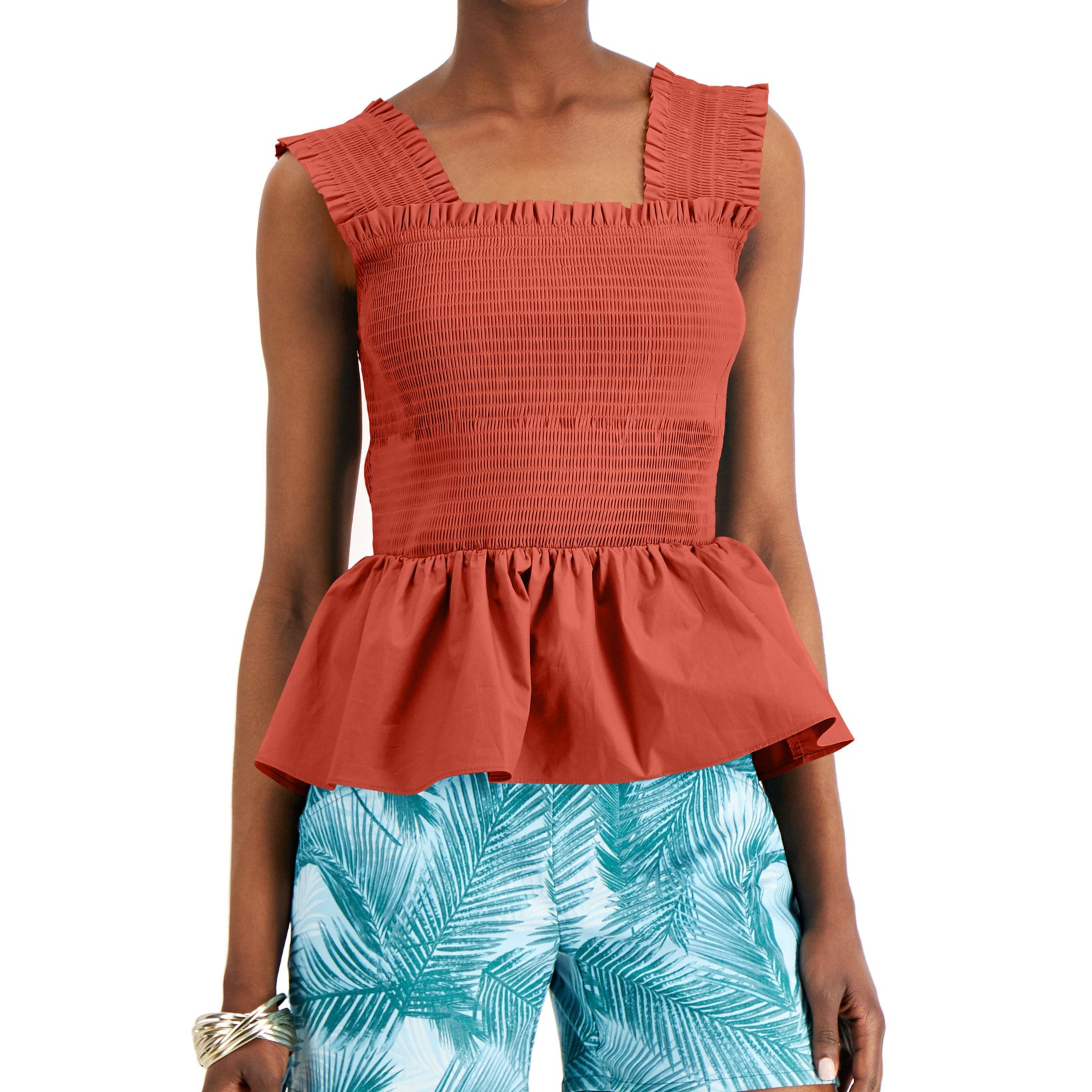 INC International Concepts Women Smocked Cotton Top Summer Fig
