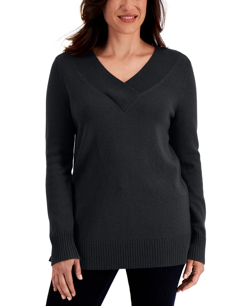 Karen Scott Women Crossover V Neck Sweater Deep Black