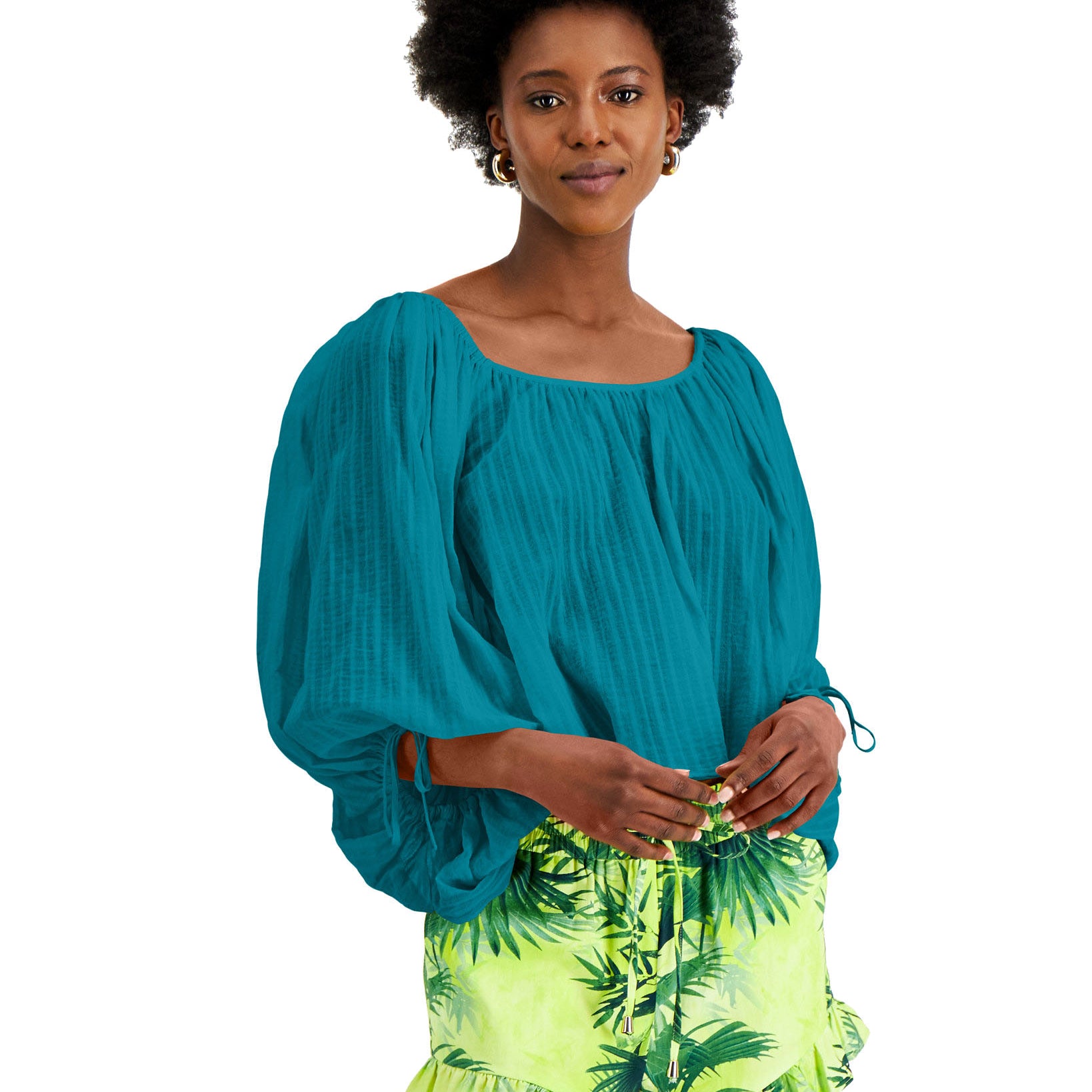 INC International Concepts Women Cotton Tie Back Peasant Top Aztec Teal