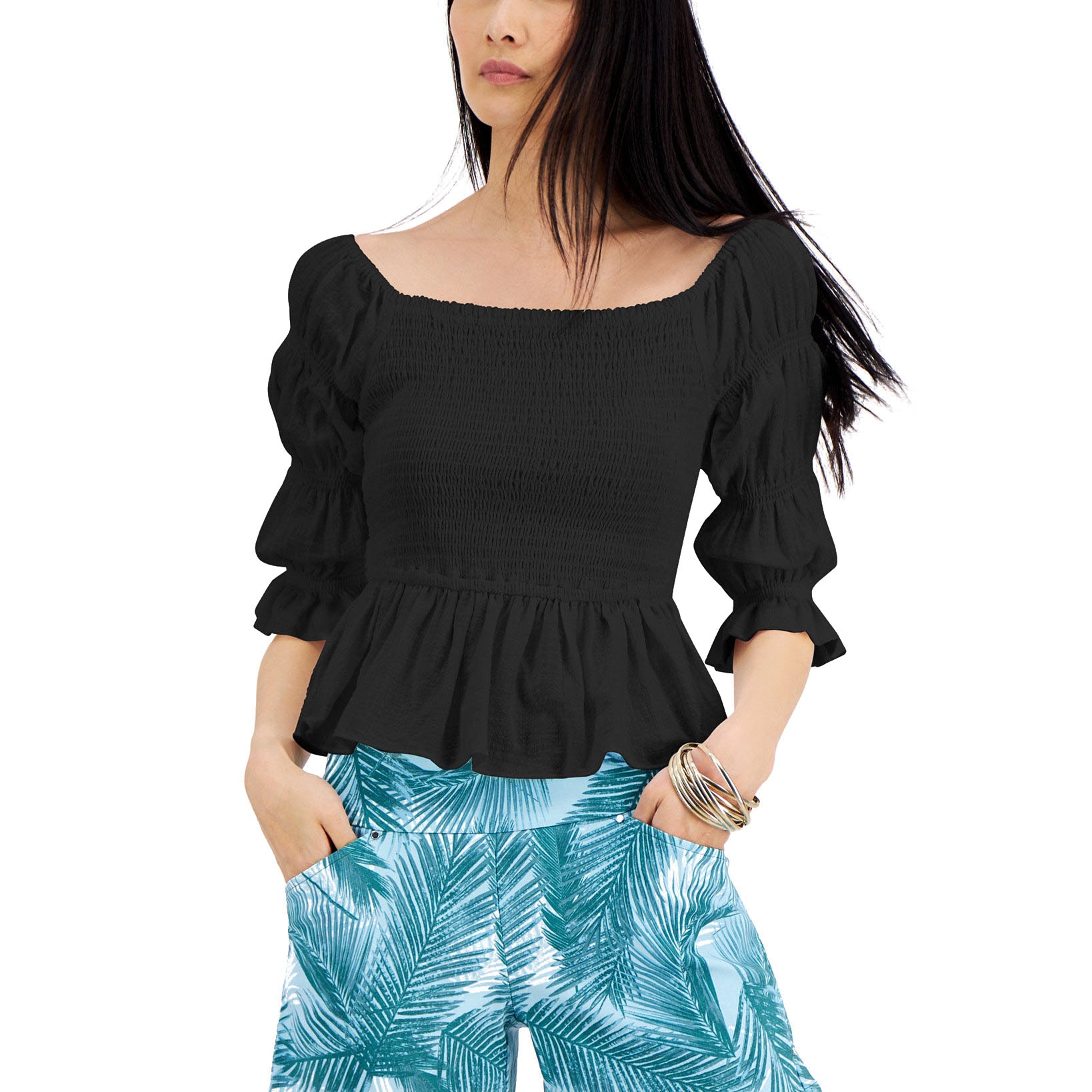 INC-International-Concepts-Women-Smocked-Cotton-Blouse-Deep-Black
