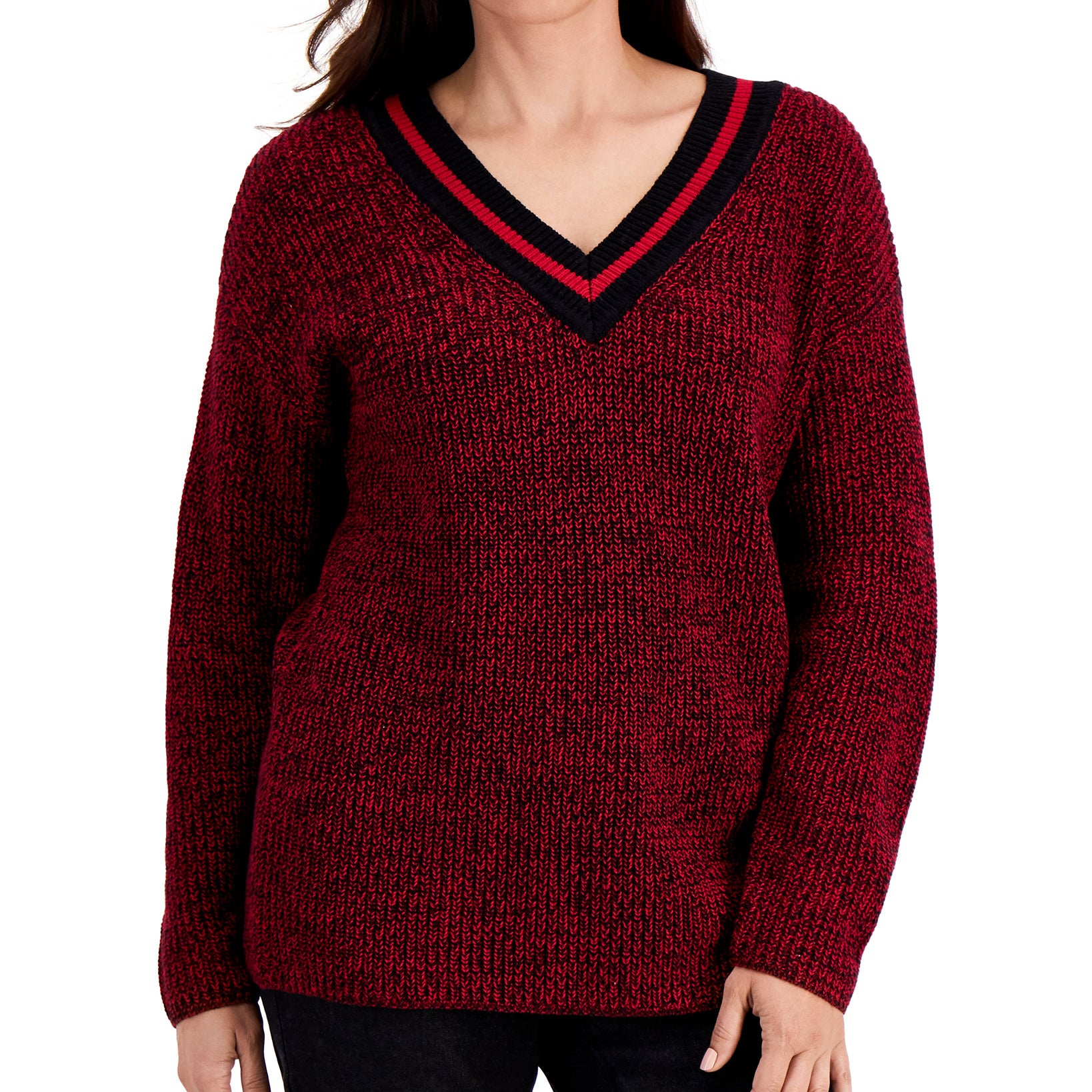 Karen Scott Women Contrast Varsity Striped V Neck Sweater New Red Amore Combo