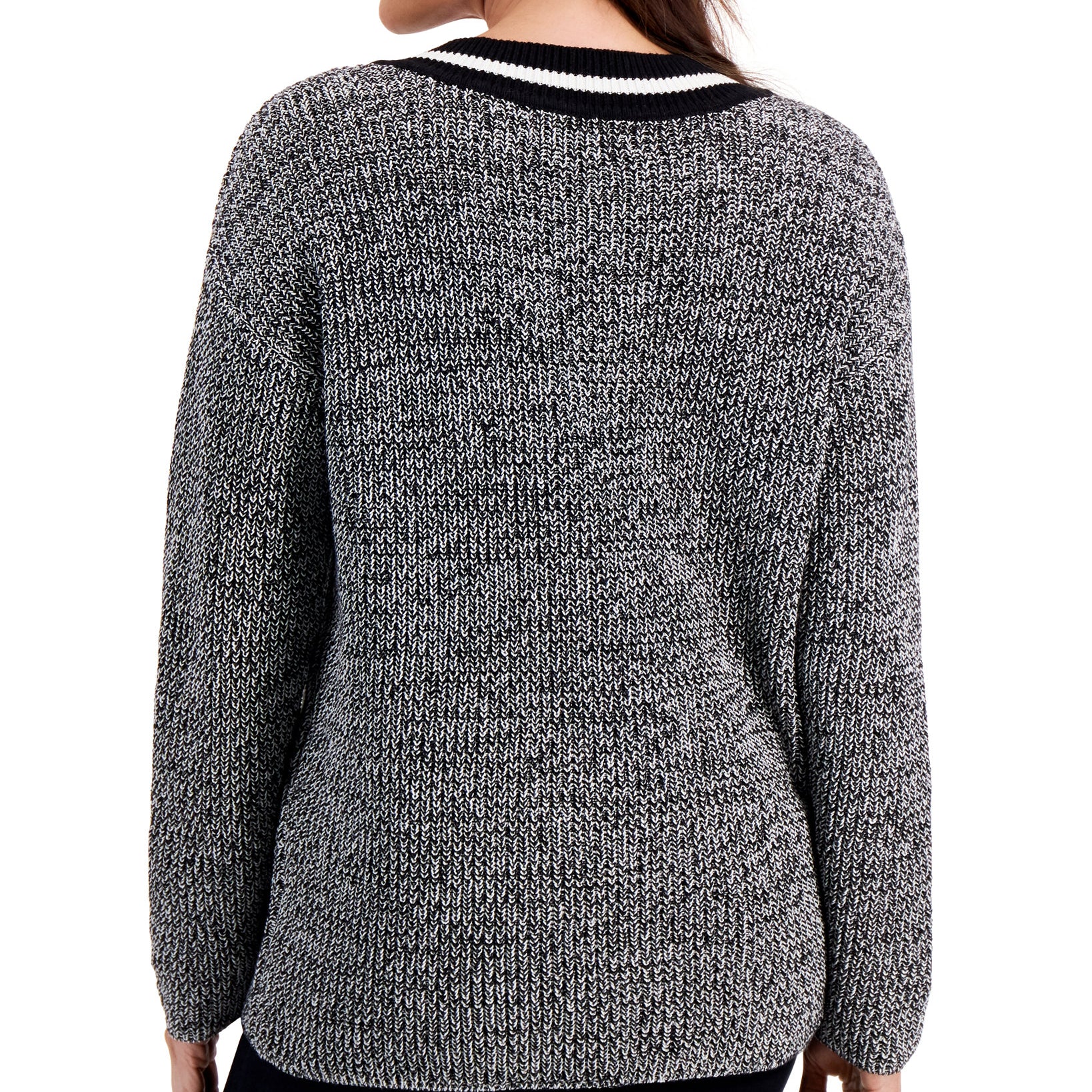 Karen Scott Women Contrast Varsity Striped V Neck Sweater