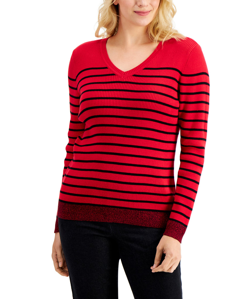 Karen Scott Women Petite Ribbed V Neck Sweater New Red A Combo