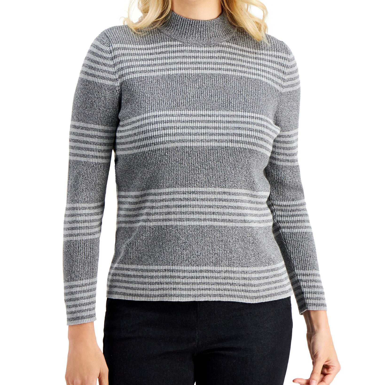 Karen Scott Women Claire Cotton Striped Ribbed Mock Neck Sweater Smoke Grey Heather