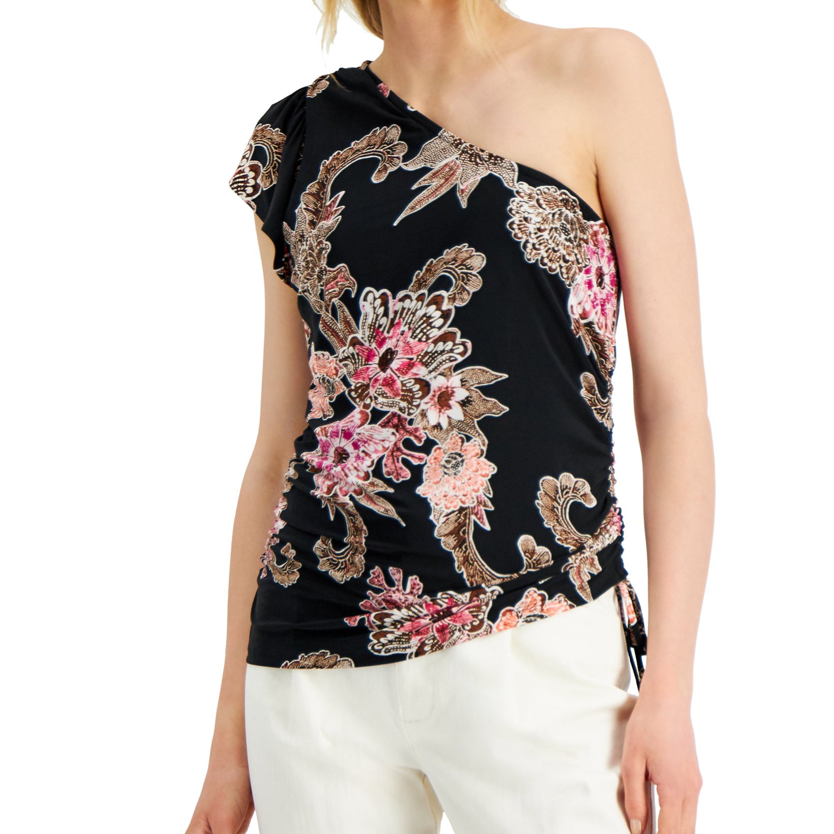 INC International Concepts Women One Shoulder Ruffled Top Carefree Floral