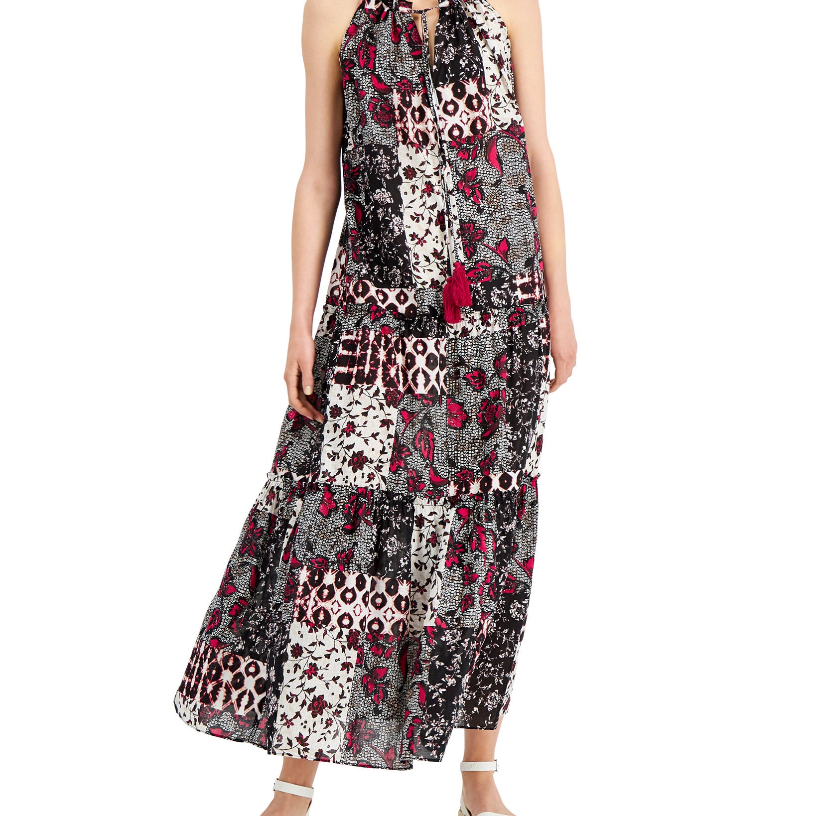 INC International Concepts Women Petite Tiered Halter Neck Maxi Dress Nomad Patch