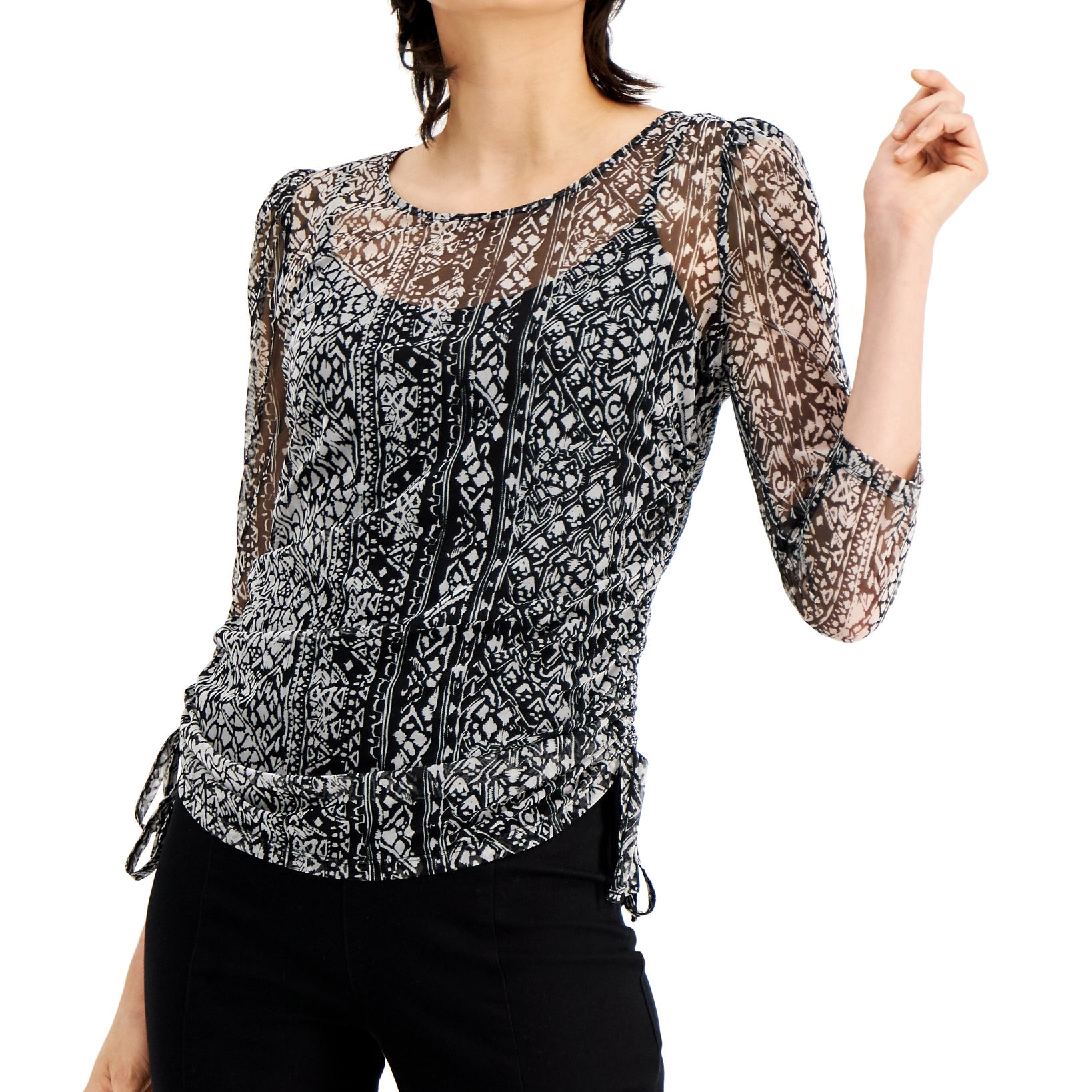 INC International Concepts Women Sheer Printed Drawstring Top Tribal Dance