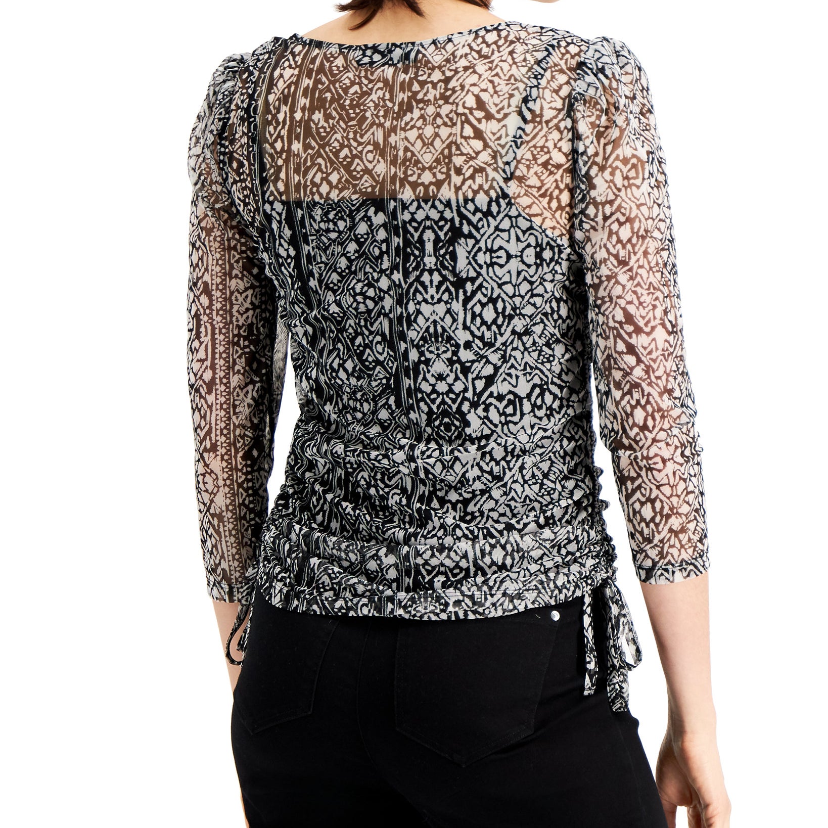 INC International Concepts Women Sheer Printed Drawstring Top