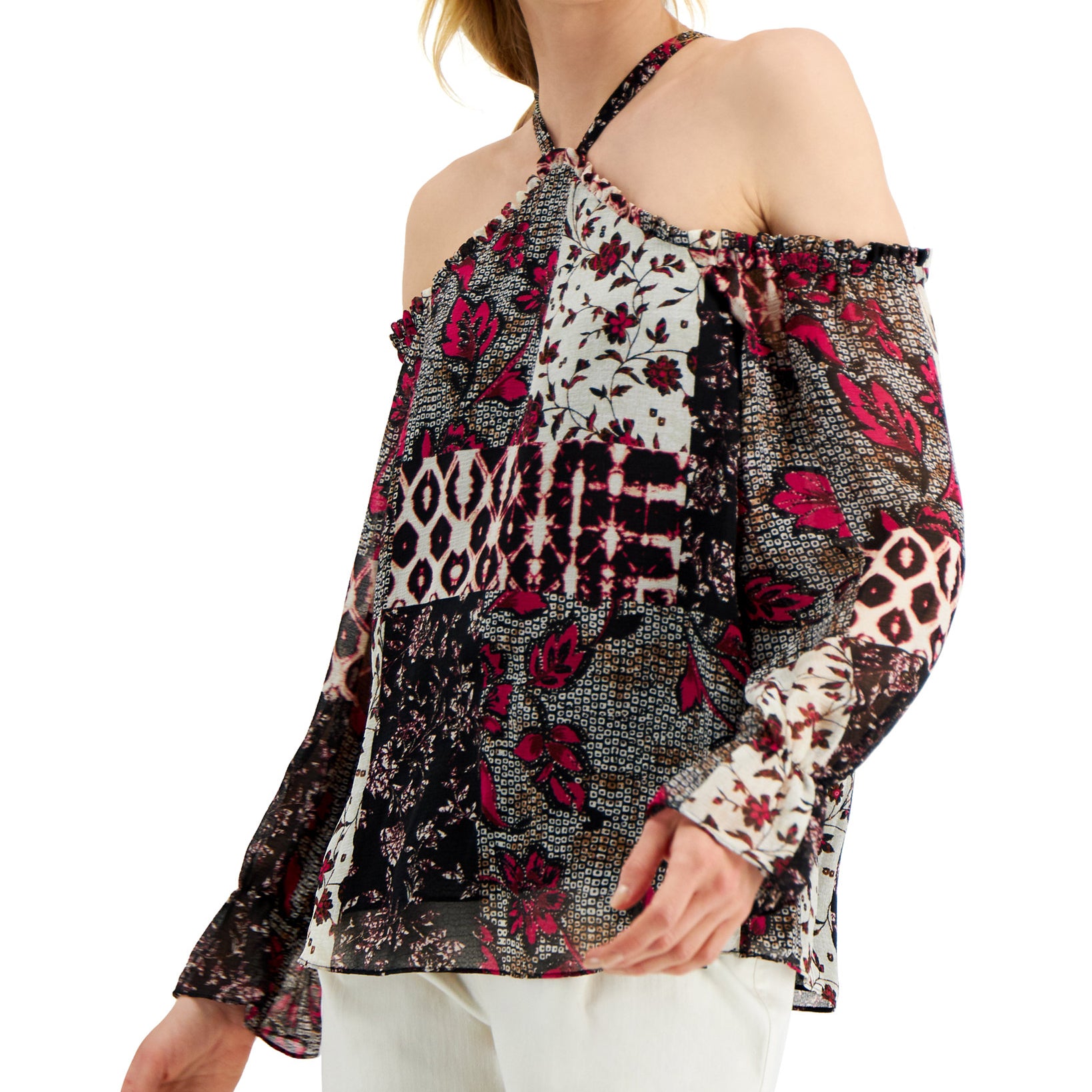 INC International Concepts Women Petite Cold Shoulder Halter Top Nomad Mix