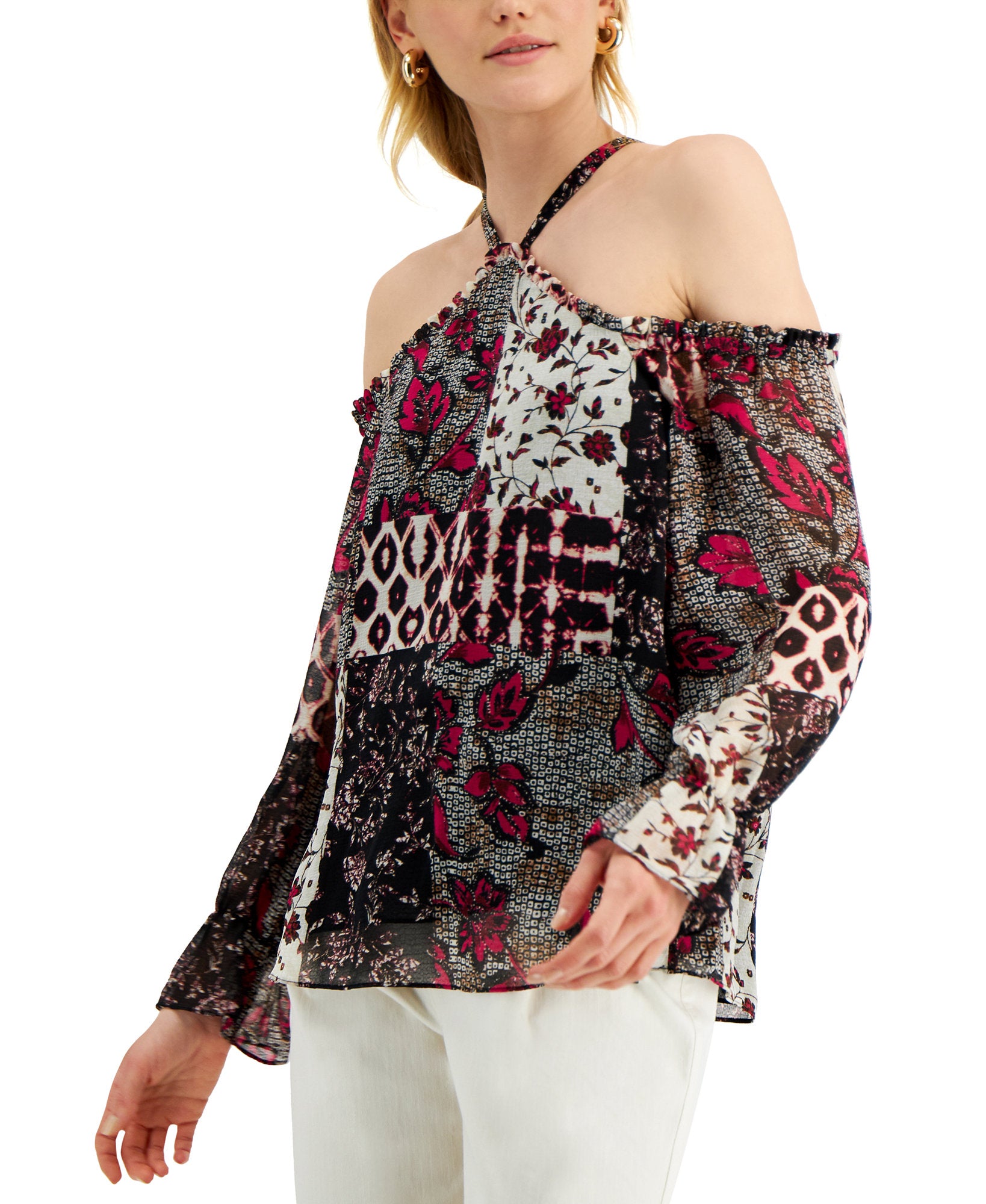 INC International Concepts Women Petite Cold Shoulder Halter Top Nomad Mix